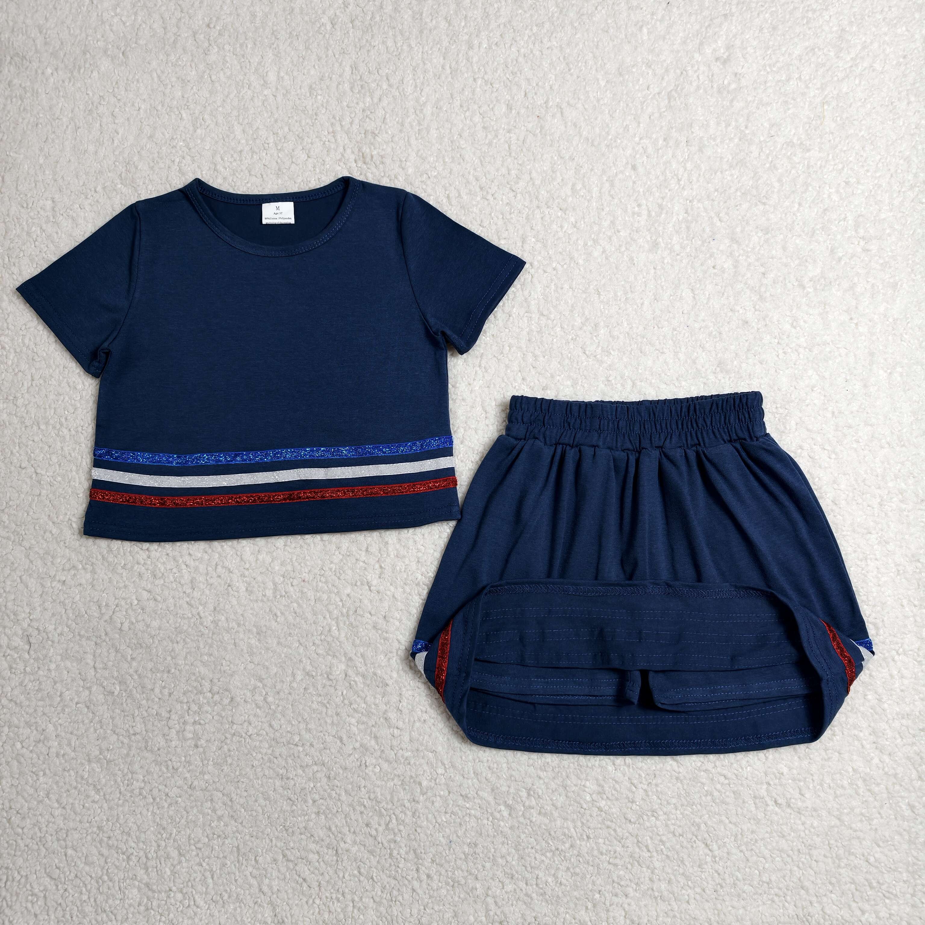 GSD3811 RTS toddler clothes navy blue girl summer dress sports clothing set