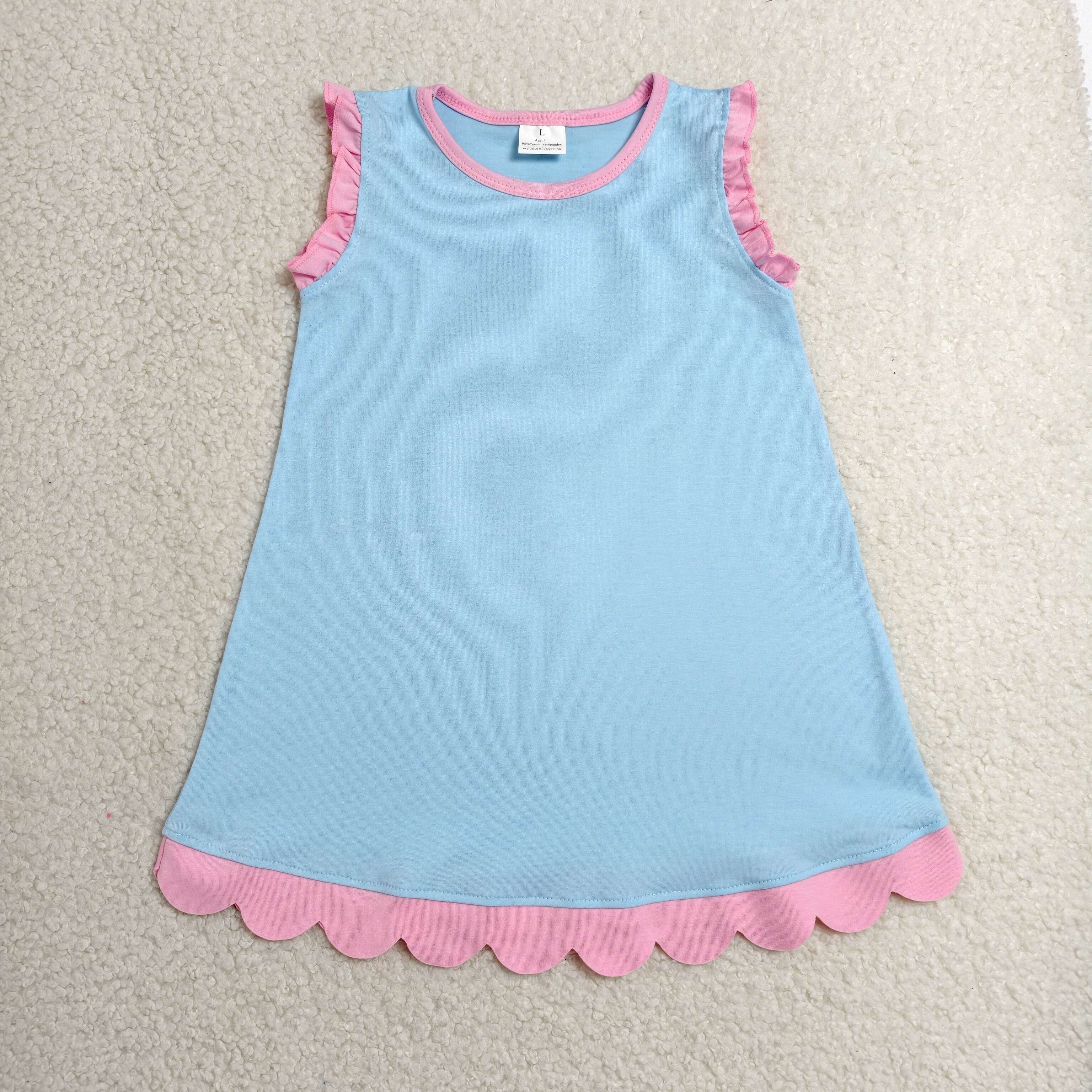 GSD4048 RTS toddler clothes solid blue cotton girl summer dress scalloped derss