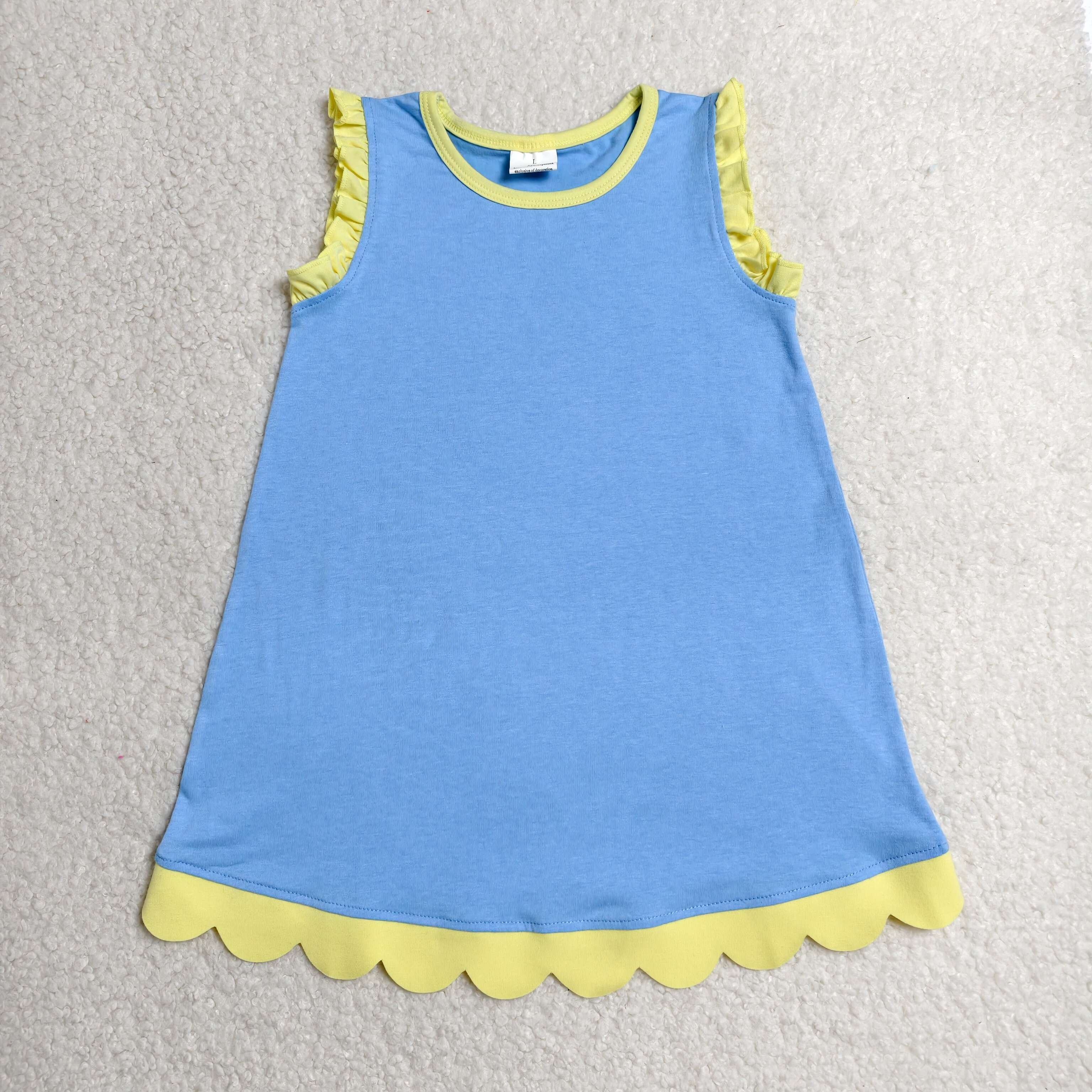 GSD4061 RTS toddler clothes solid blue cotton girl summer dress scalloped clothes