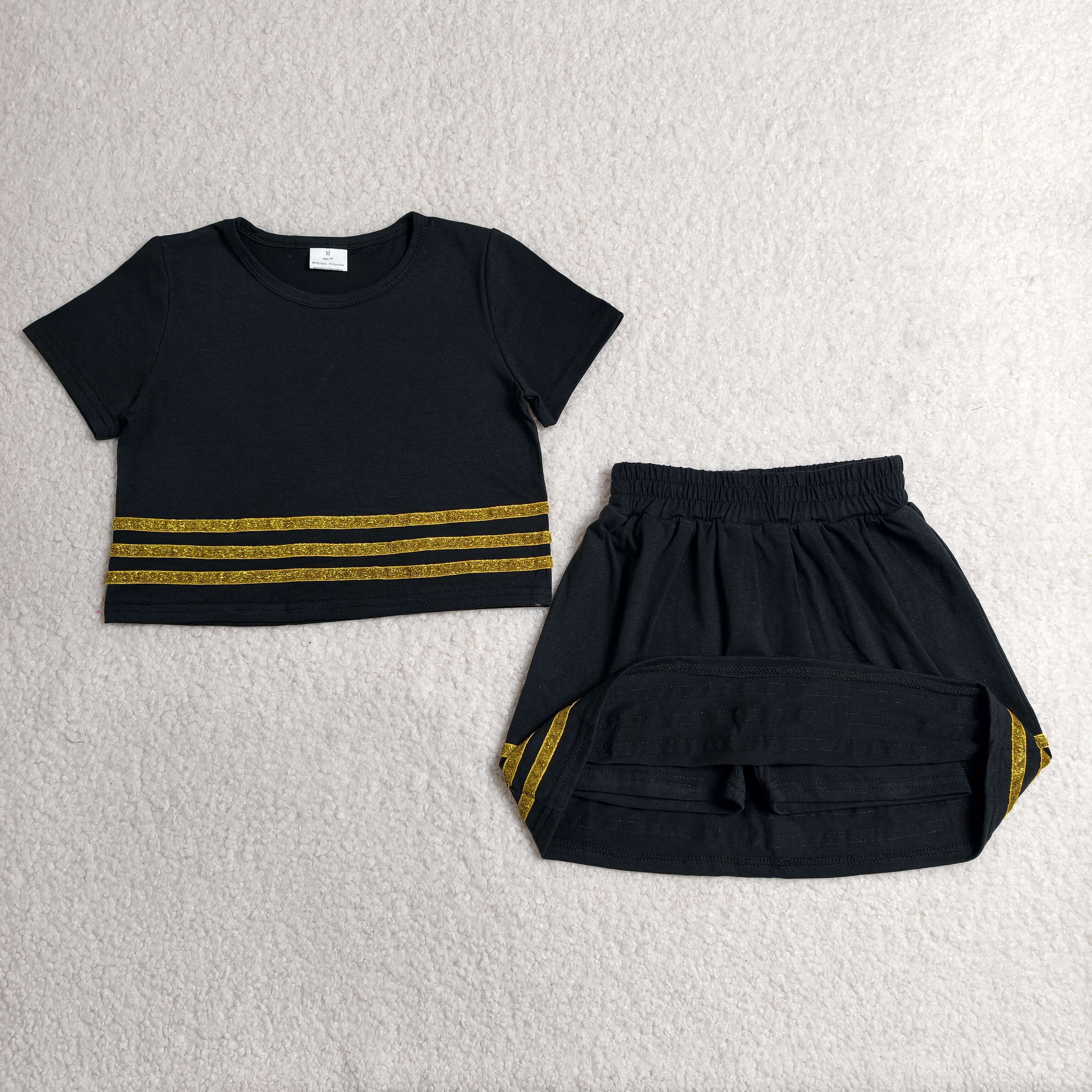 GSD4108 RTS toddler clothes black cotton girl summer short skirt set 
