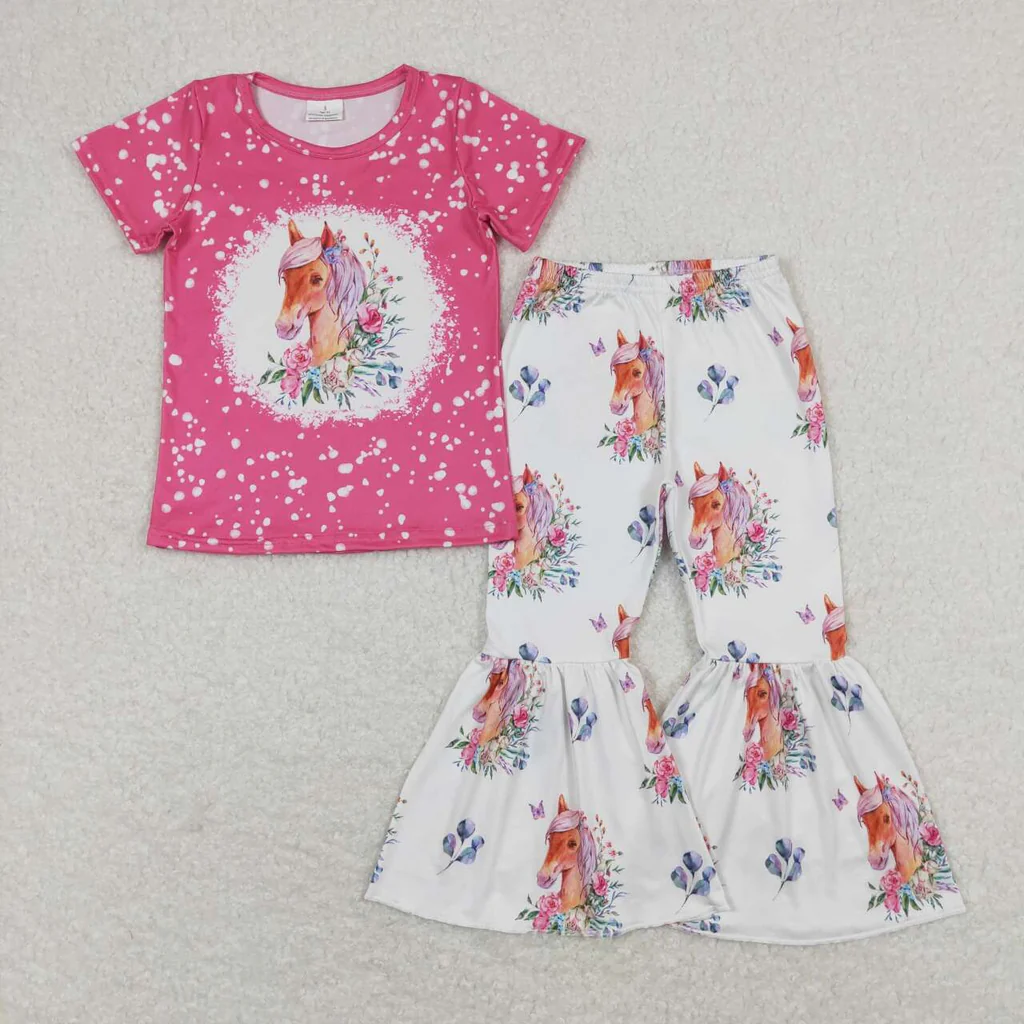 GSPO1340 RTS baby girl clothes flower horse girls bell bottoms outfit