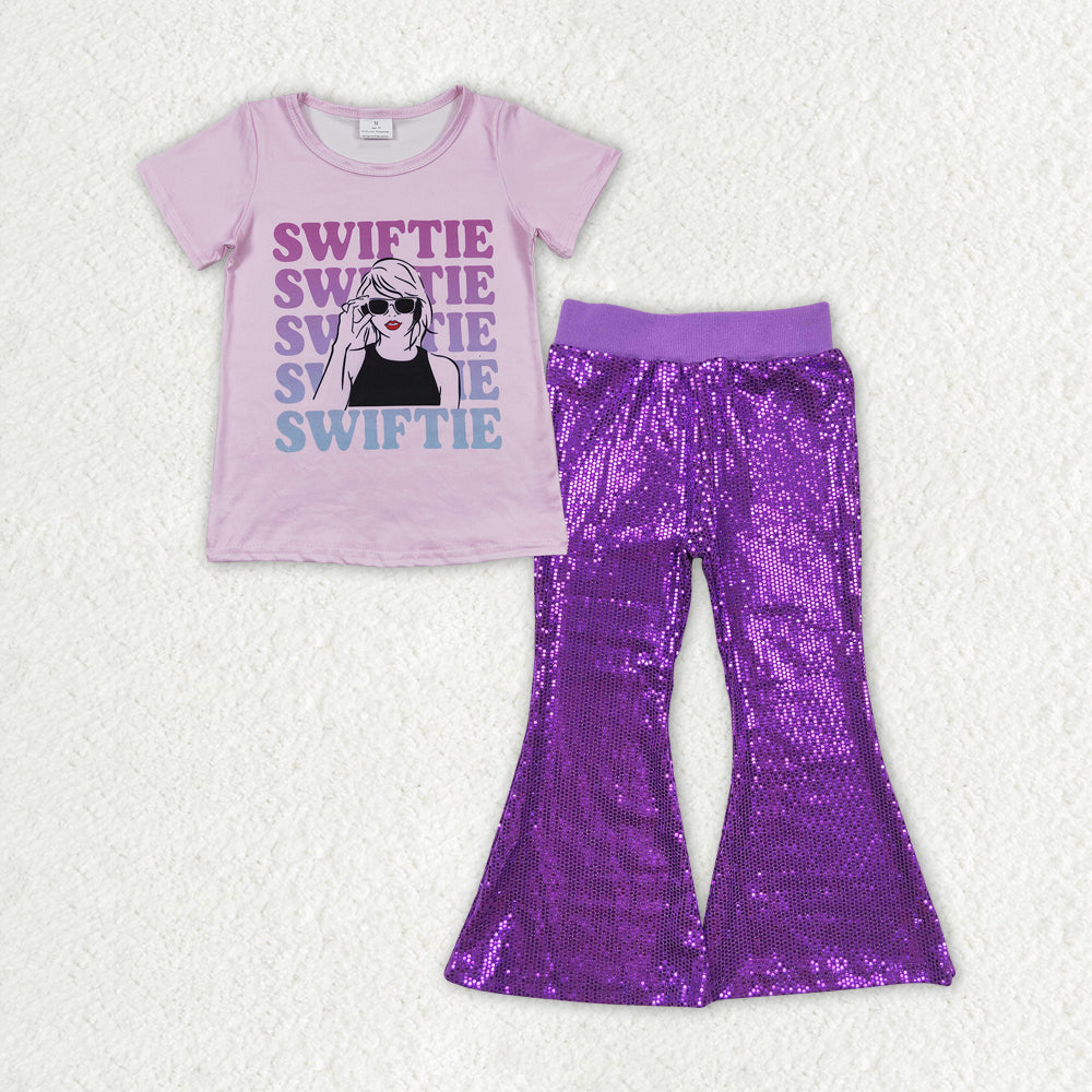 GSPO1707 RTS baby girl clothes 1989 singer purple girl sequin bell bottom pant set fall and spring set