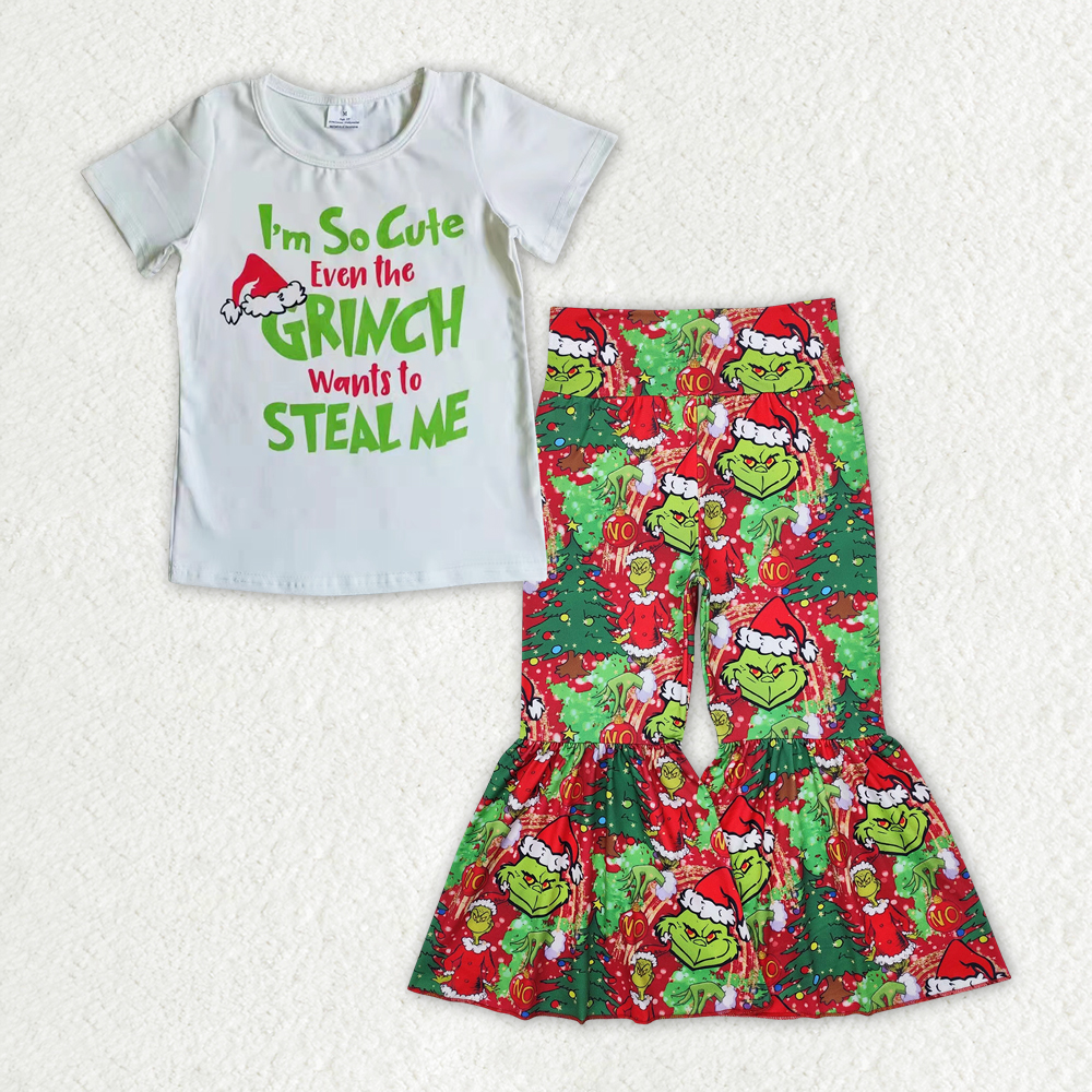 GSPO1723 RTS toddler girl clothes cartoon girl christmas bell bottoms pant set