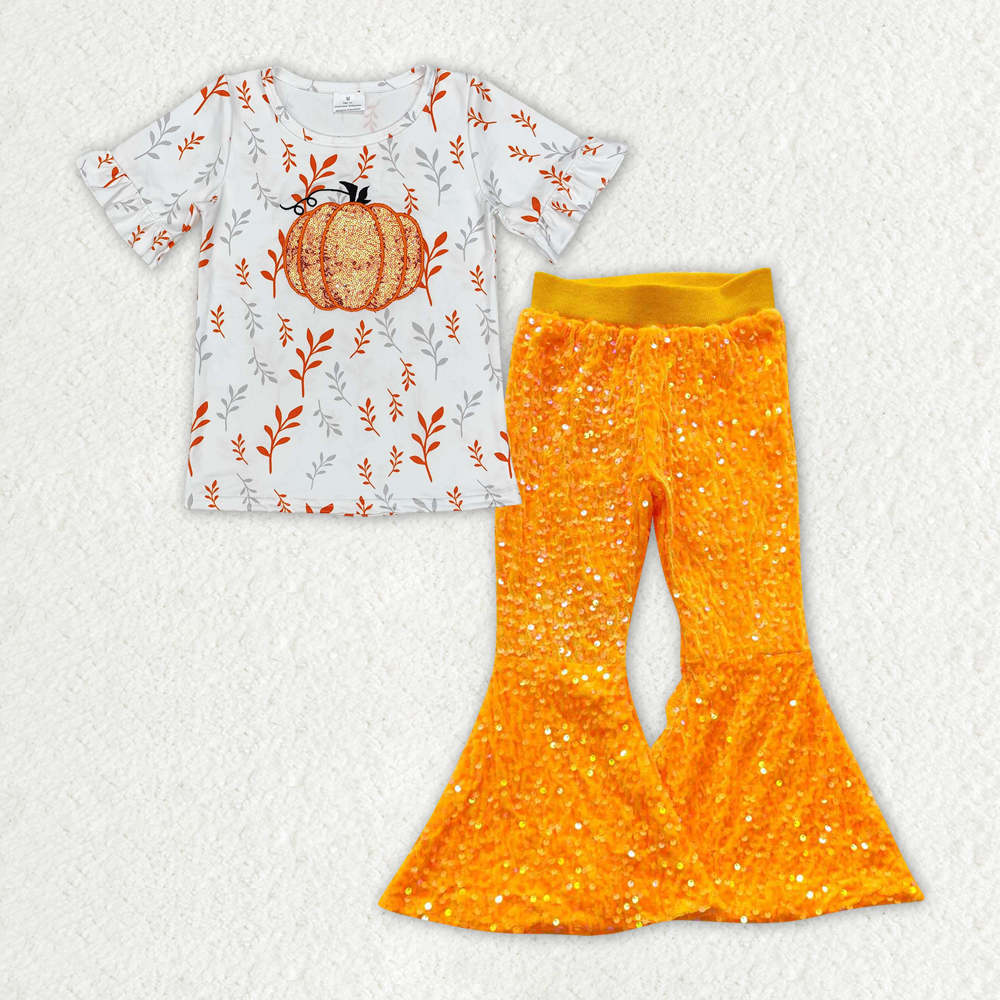 GSPO1729 RTS baby girl clothes embroidered pumpkin girl sequin bell bottom pant set