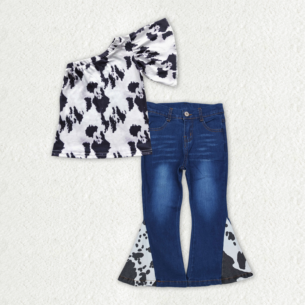 GSPO1982 RTS baby girl clothes milk cow print girl bell bottoms jeans outfits