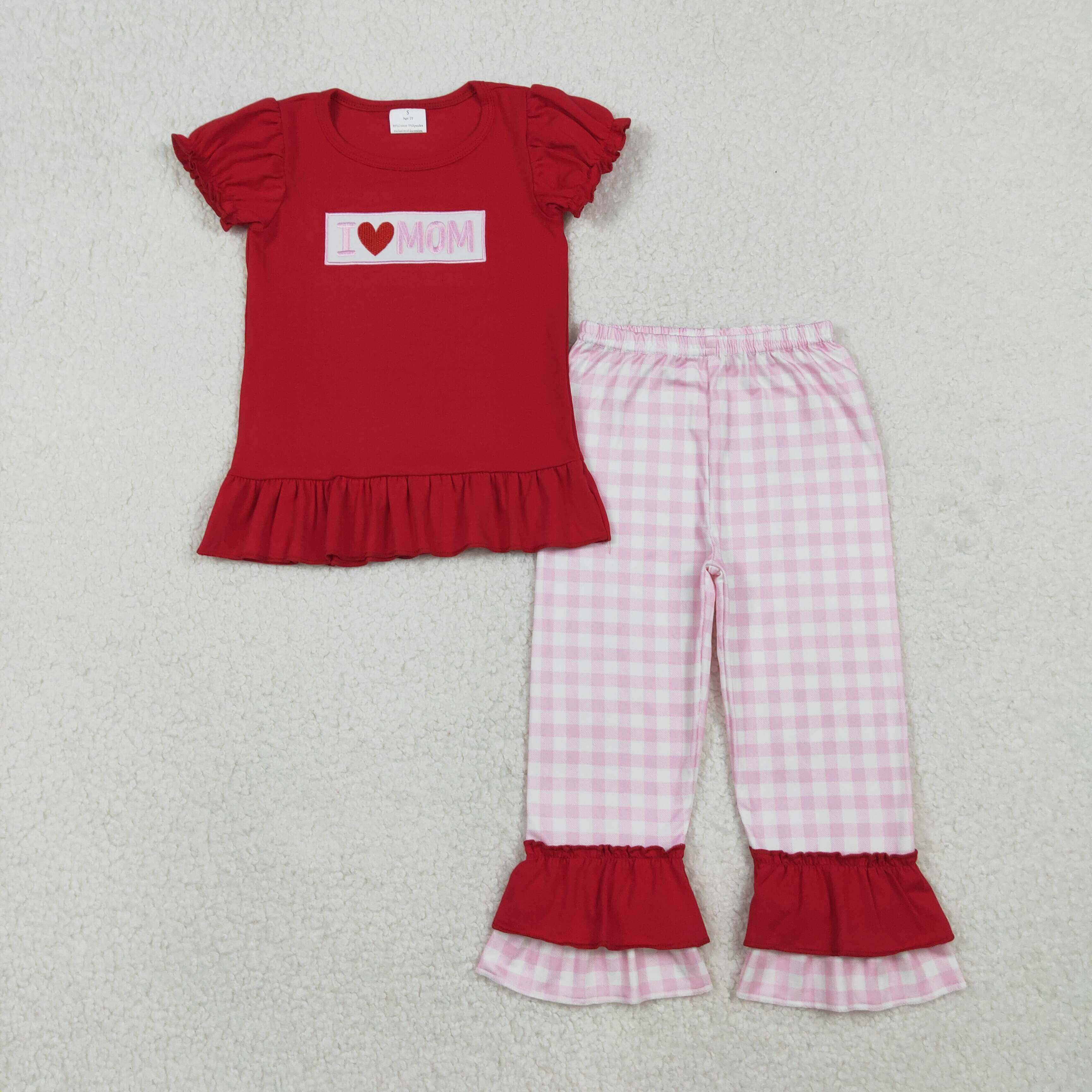 GSPO2071 RTS toddler girl clothes I love mom embroidery girl pants set