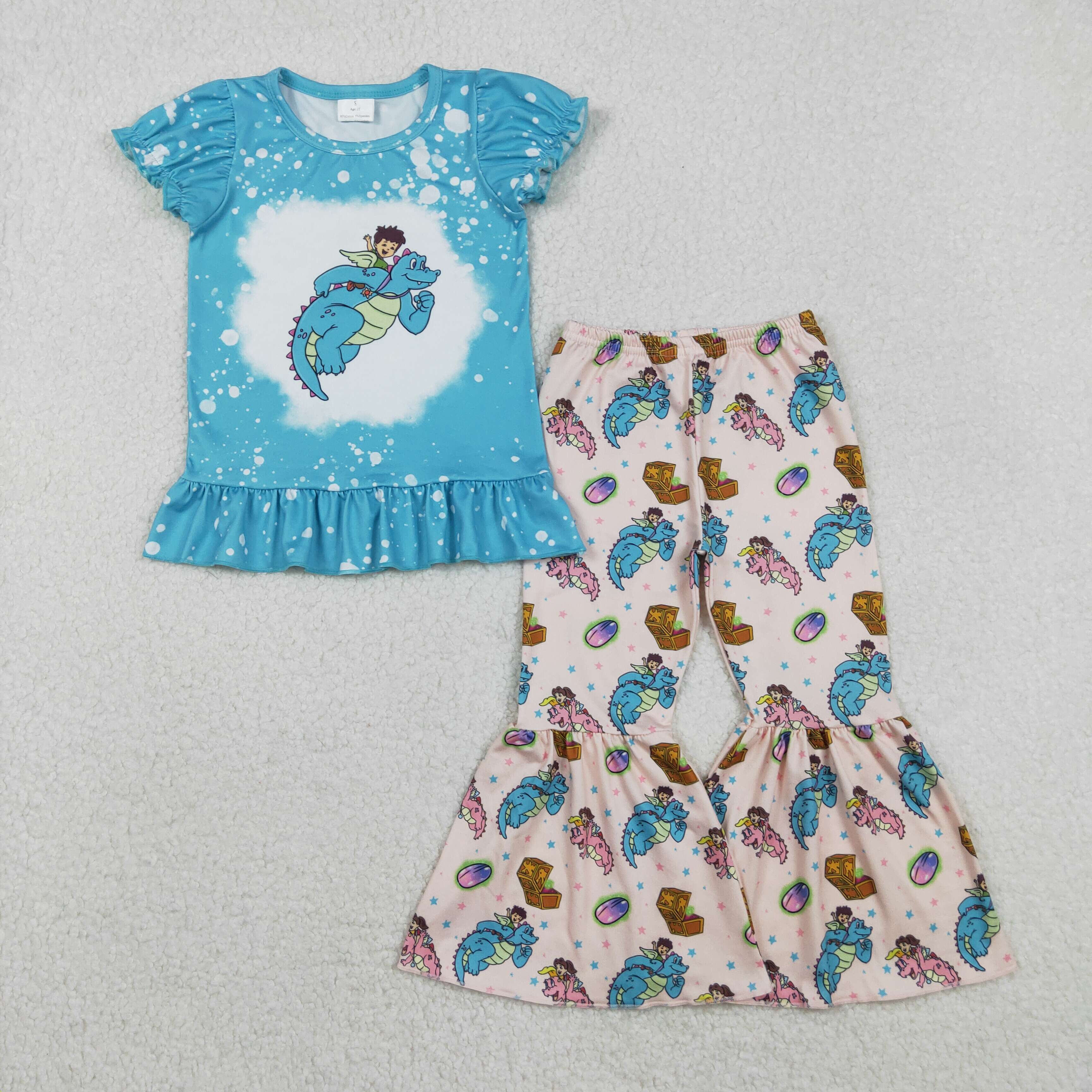 RTS GSPO2137  toddler girl clothes blue bell bottom dino girl fall set