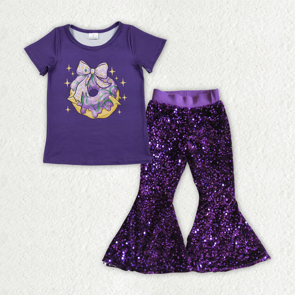 GSPO2158 toddler girl clothes donut print girl mardi gras sequins bell bottom pant set