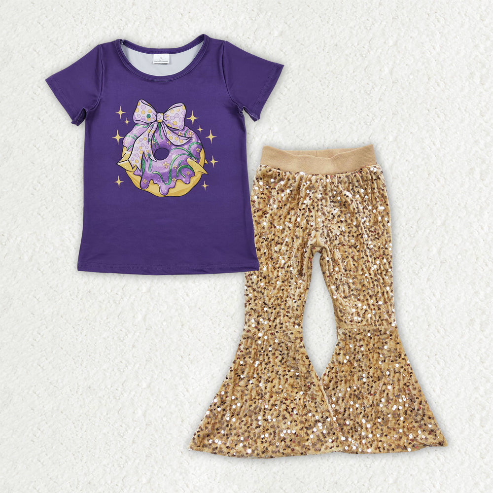GSPO2159 toddler girl clothes donut print girl mardi gras sequins bell bottom pant set