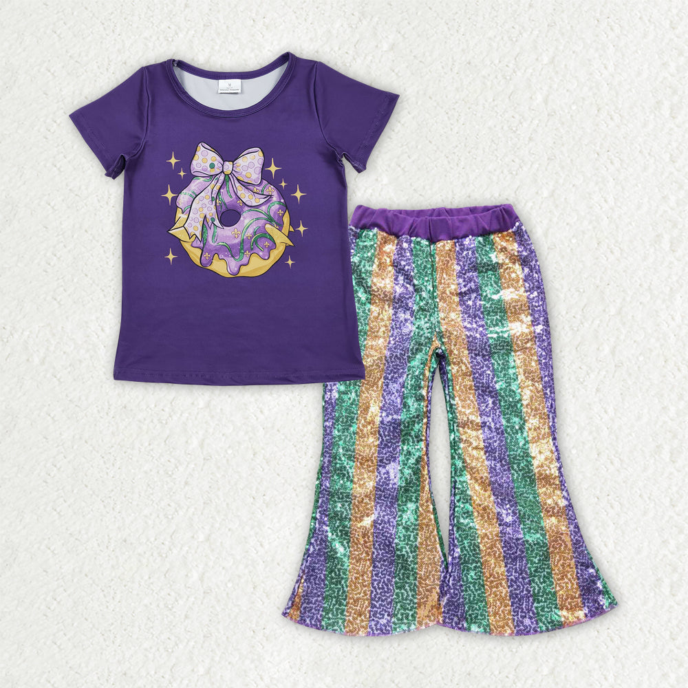 GSPO2161 toddler girl clothes donut print girl mardi gras sequins bell bottom pant set