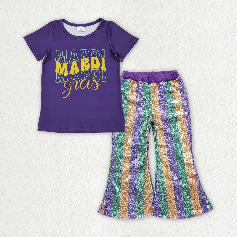 GSPO2163 toddler girl clothes girl mardi gras sequins bell bottom pant set