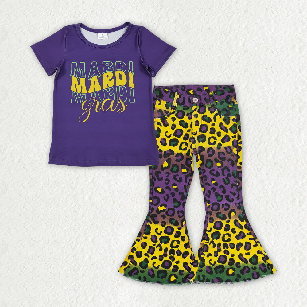 GSPO2166 toddler girl clothes girl mardi gras jeans bell bottom pant set