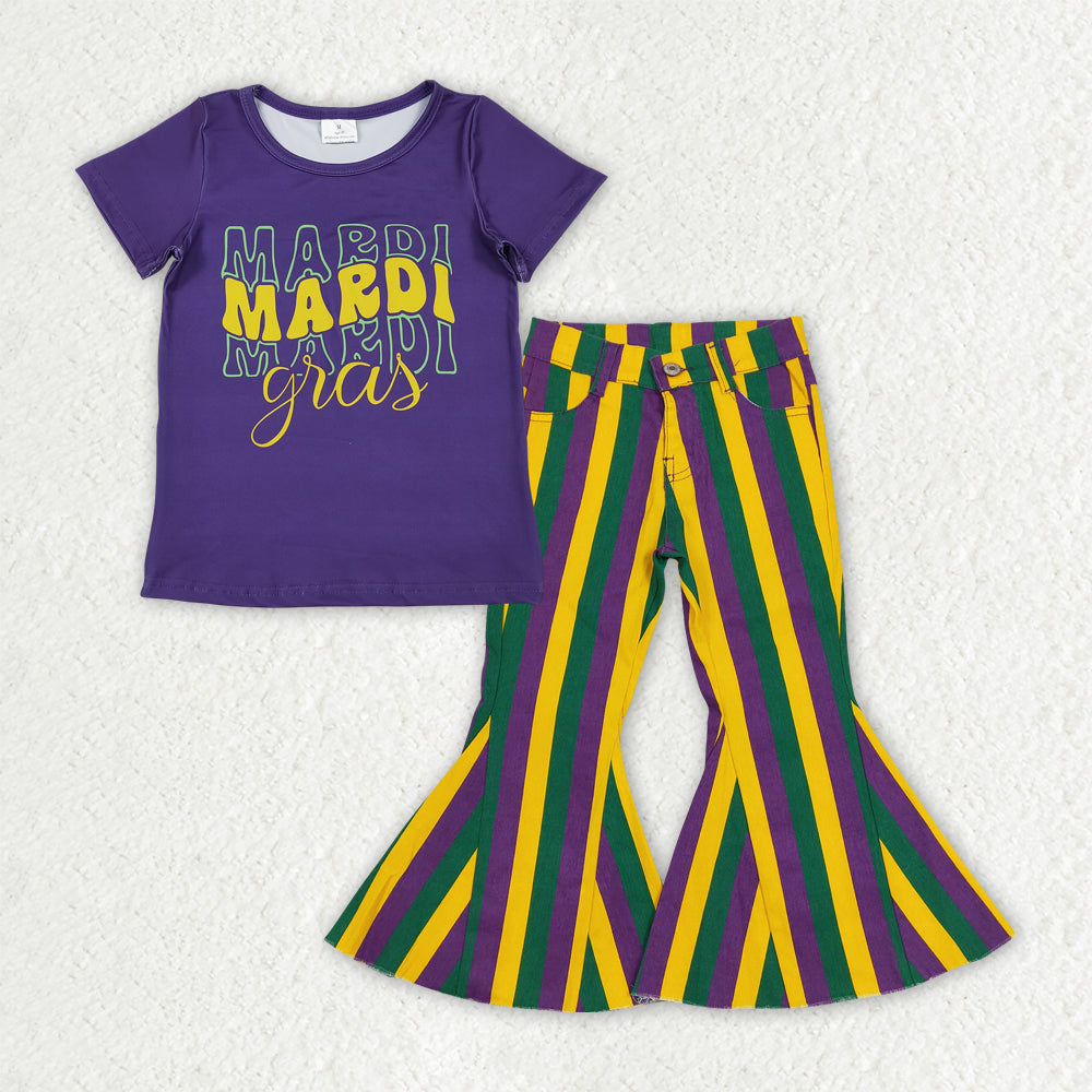 GSPO2167 toddler girl clothes girl mardi gras jeans bell bottom pant set