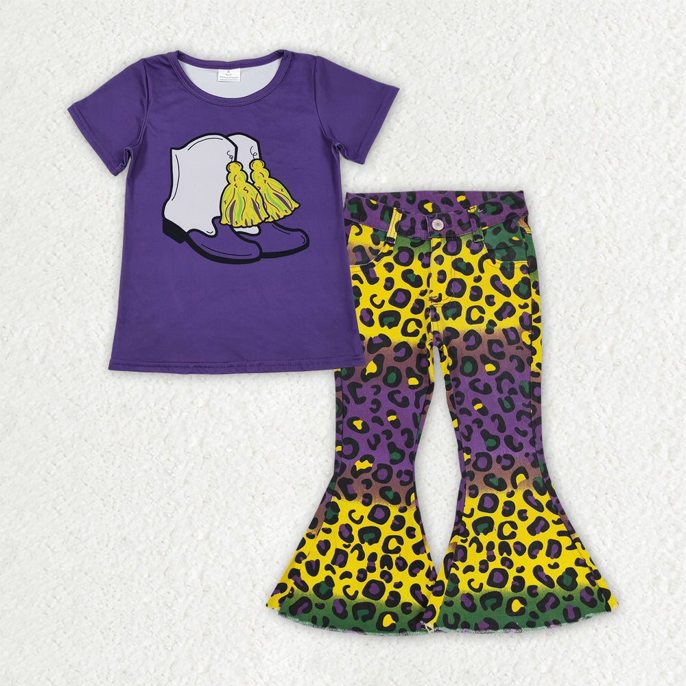 GSPO2168 toddler girl clothes girl mardi gras jeans bell bottom pant set