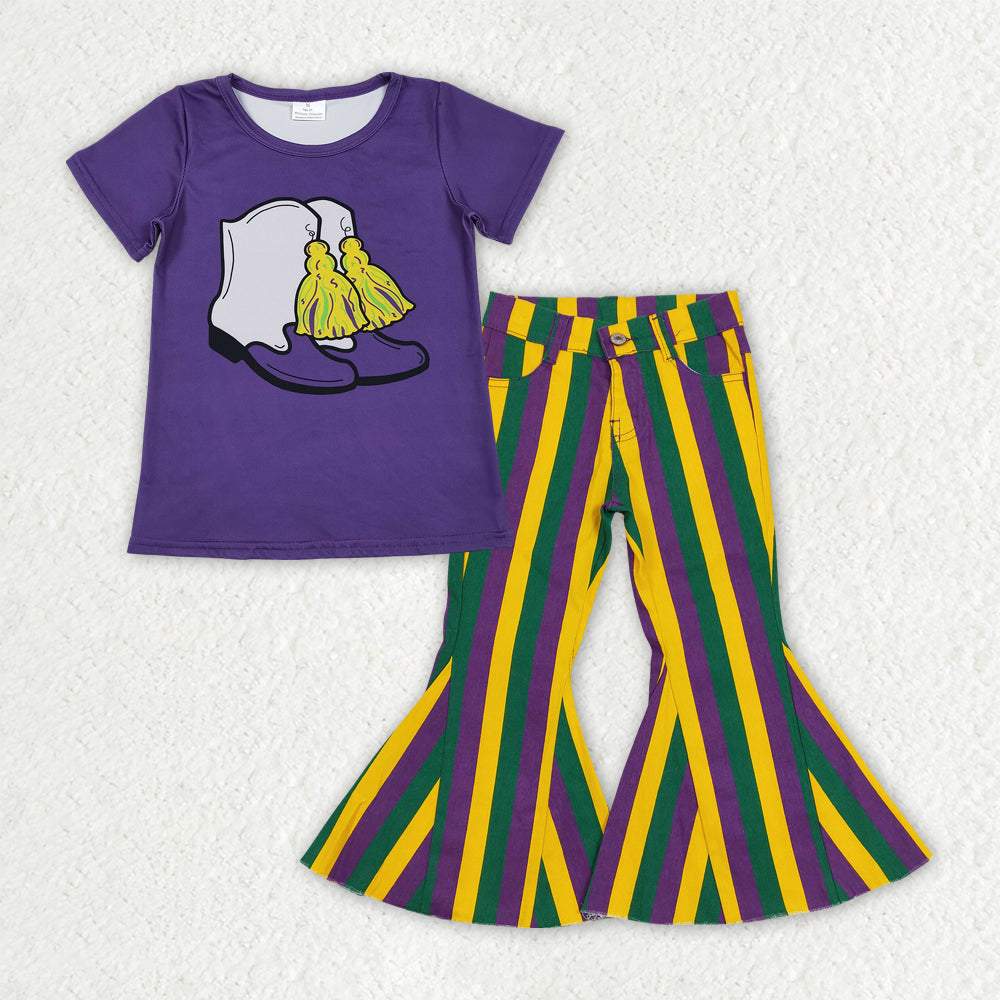 GSPO2169 toddler girl clothes girl mardi gras jeans bell bottom pant set