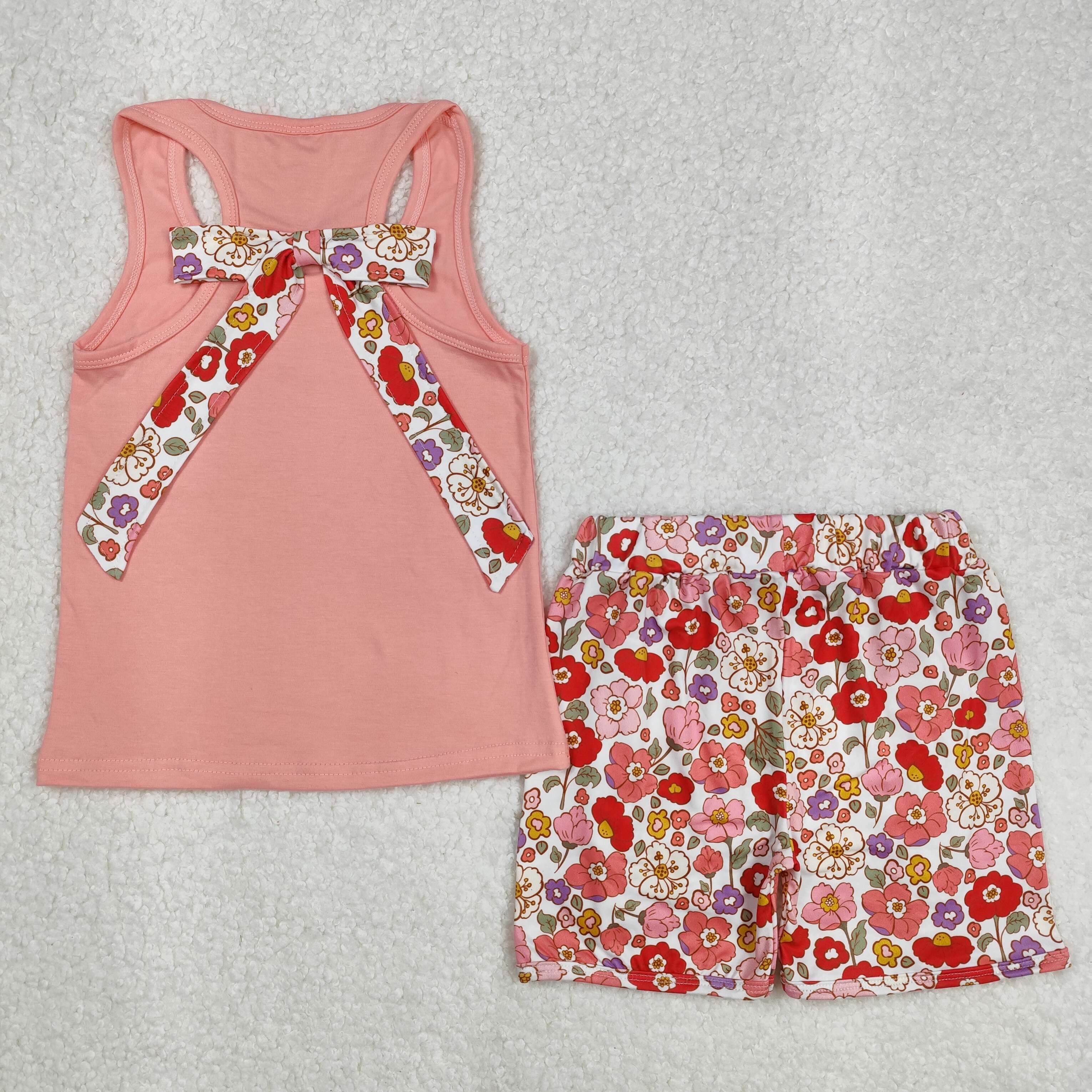 RTS girl summer matching clothes bow floral girl summer shorts set