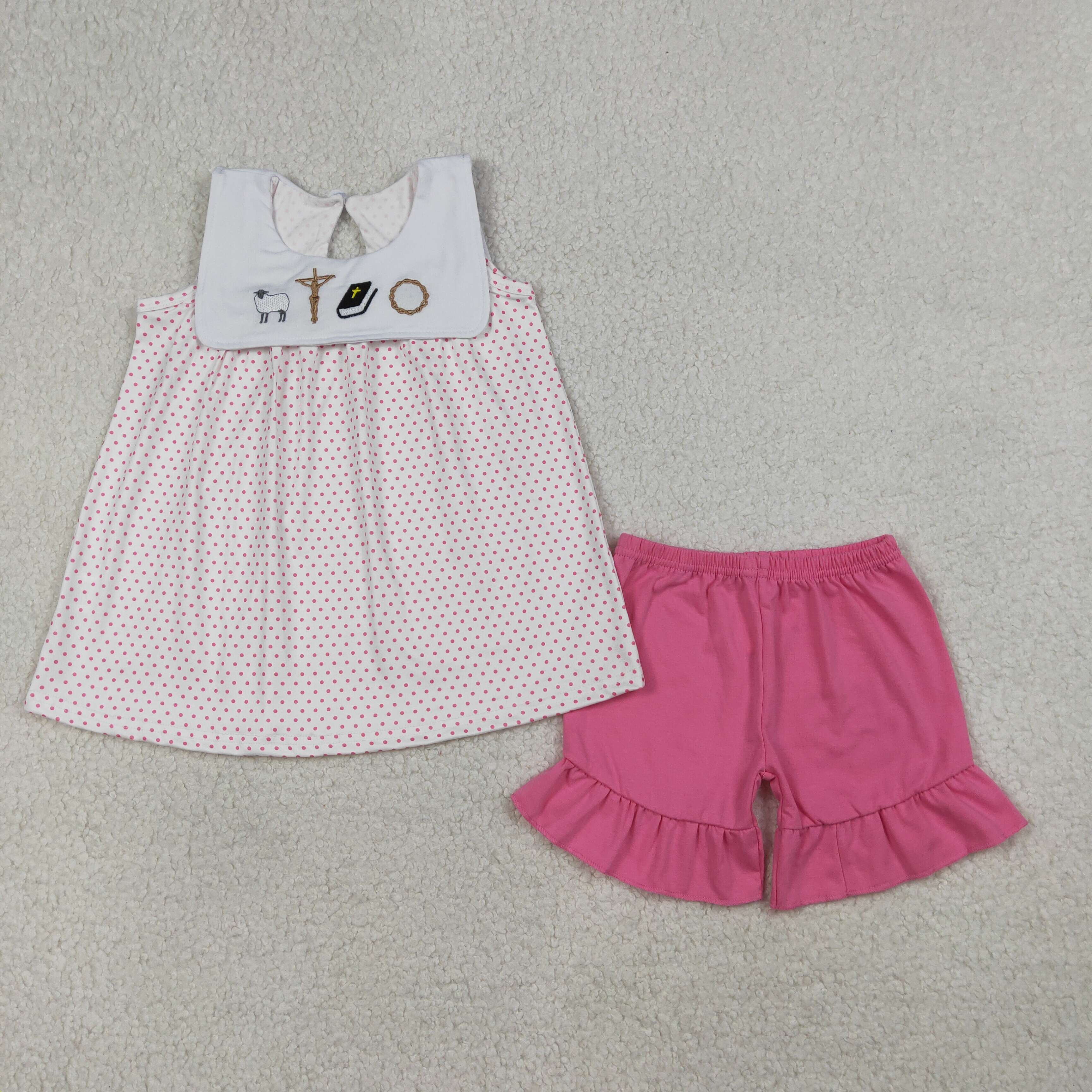 GSSO3019 RTS baby girl clothes cross embroidery toddler girl easter summer outfit