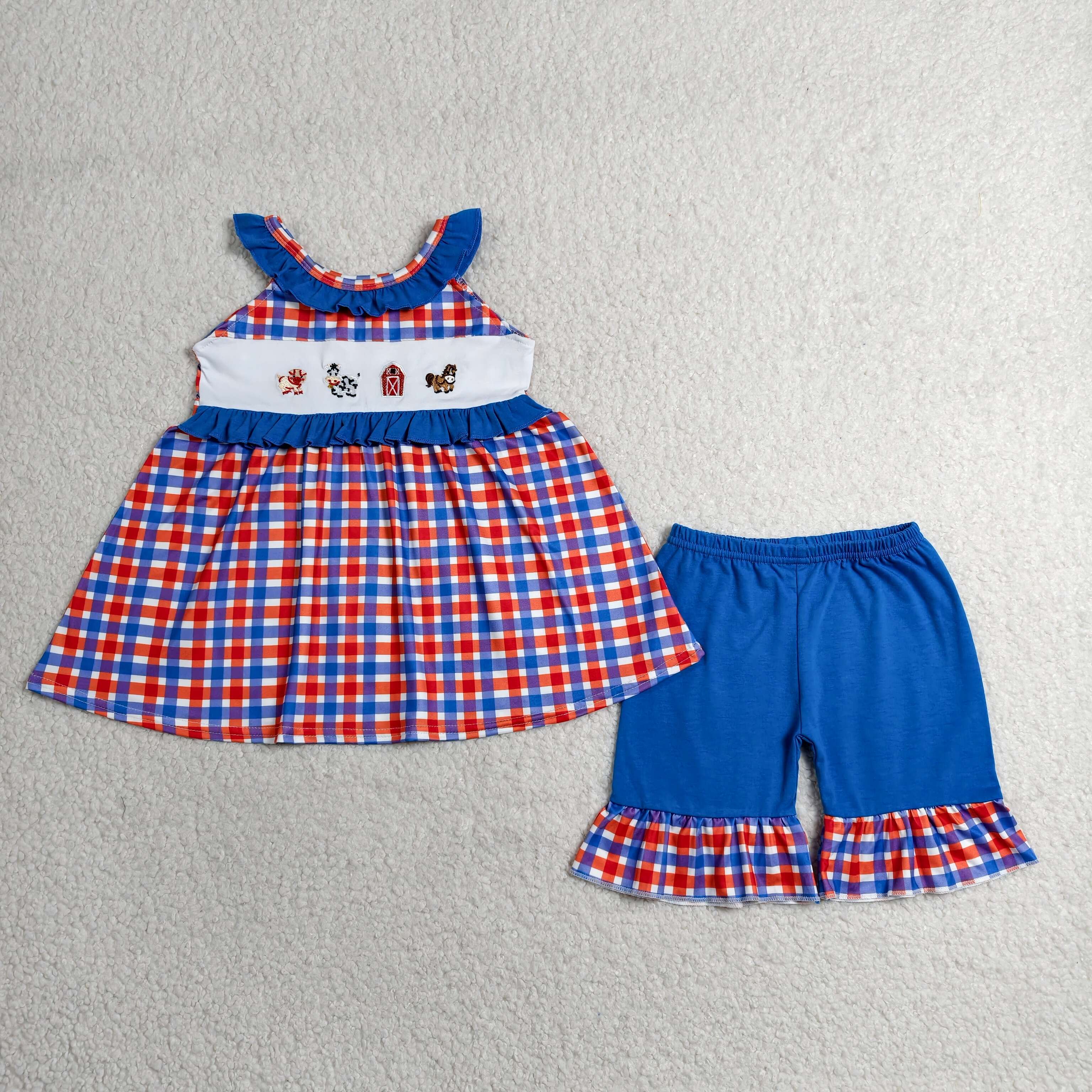 GSSO3056 RTS kids clothes farm clothes embroidery girl summer shorts set 