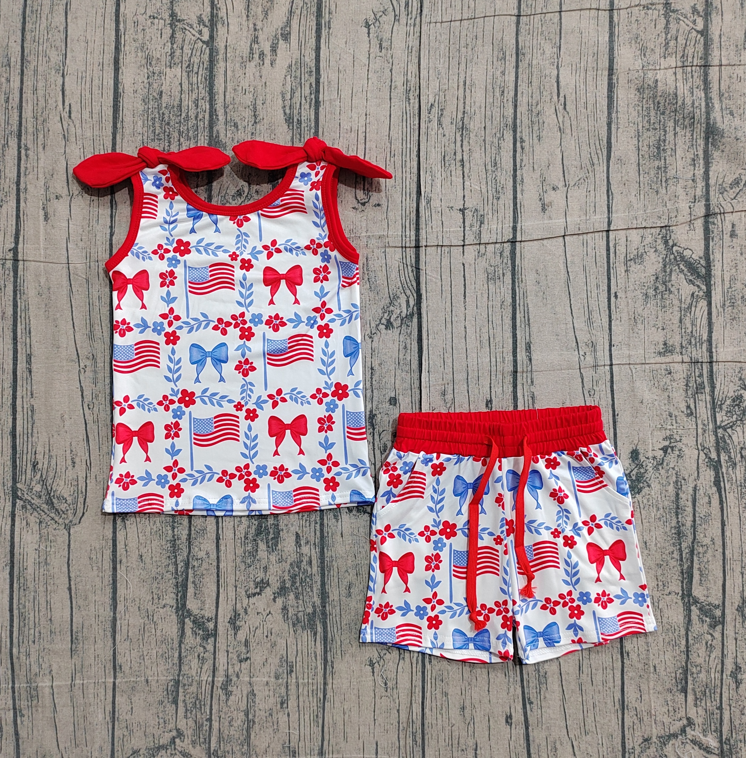 GSSO3094 pre-order  toddler girl clothes bows print girl 4th of July  summer set-real pic 2026.1.22 