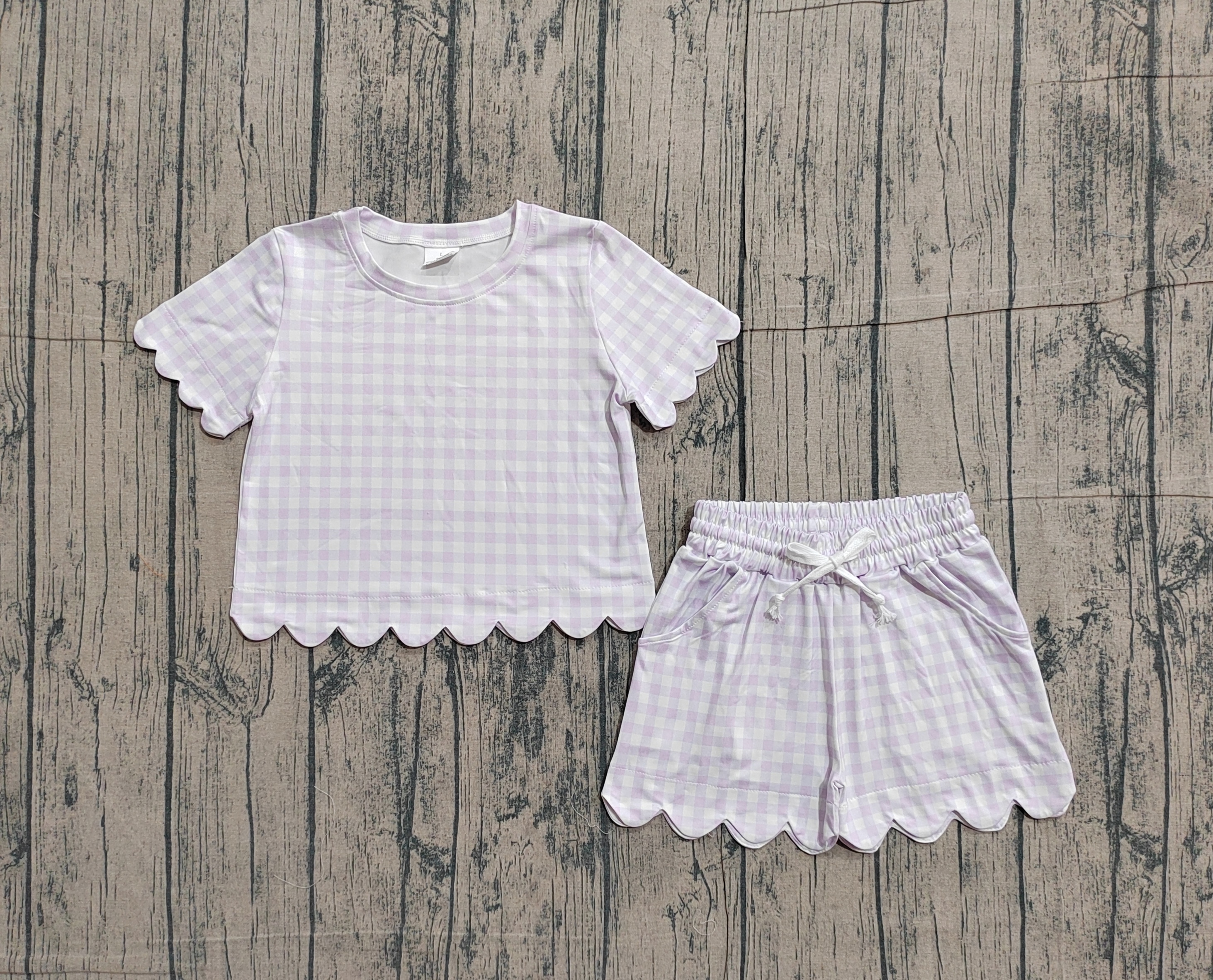 GSSO3181 pre-order kids clothes purple gingham print girl summer clothing set-real pic 2026.1.22 