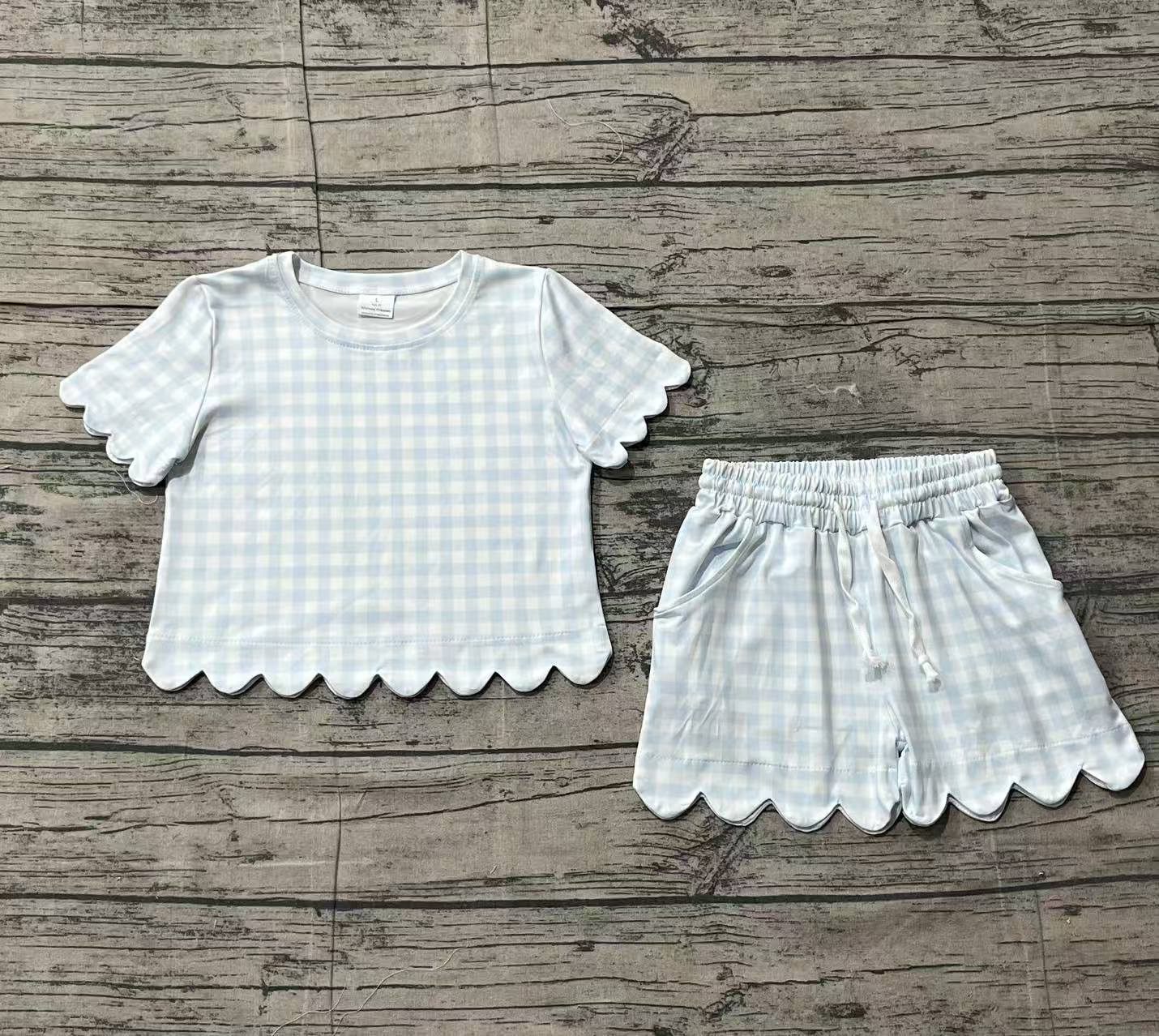 GSSO3184 pre-order kids clothes blue gingham print girl summer clothing set-real pic 2026.1.25 