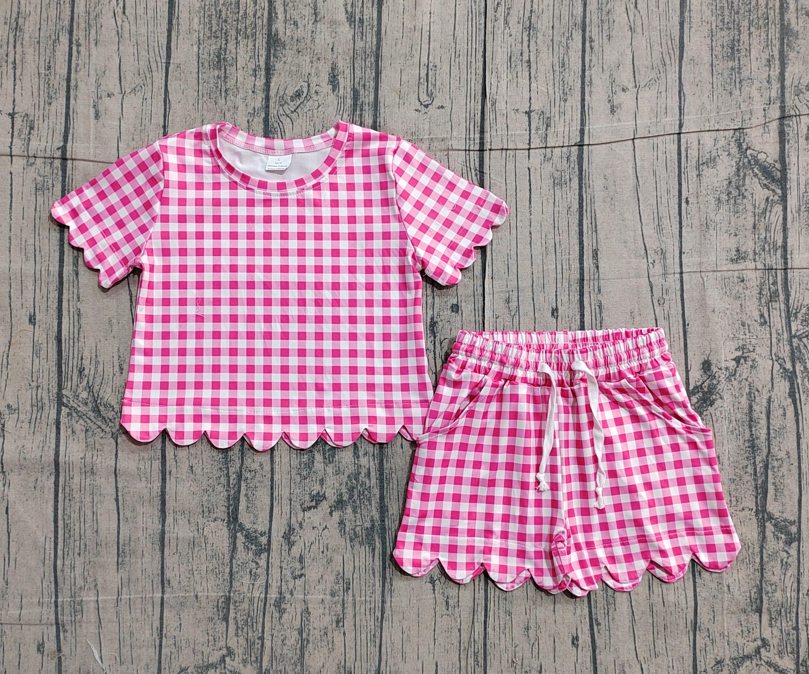 GSSO3186 pre-order kids clothes pink gingham print girl summer clothing set-real pic 2026.1.22 