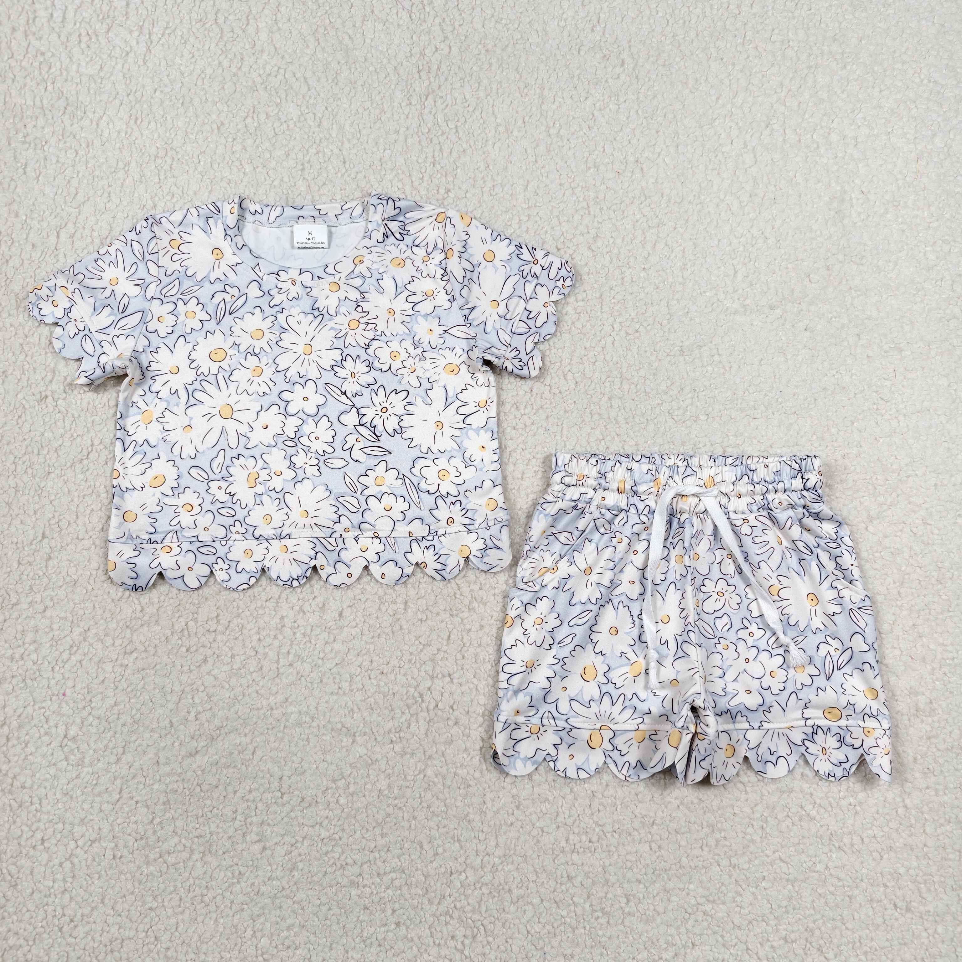 GSSO3275 RTS kids clothes flower scalloped shorts set girl summer clothing set 