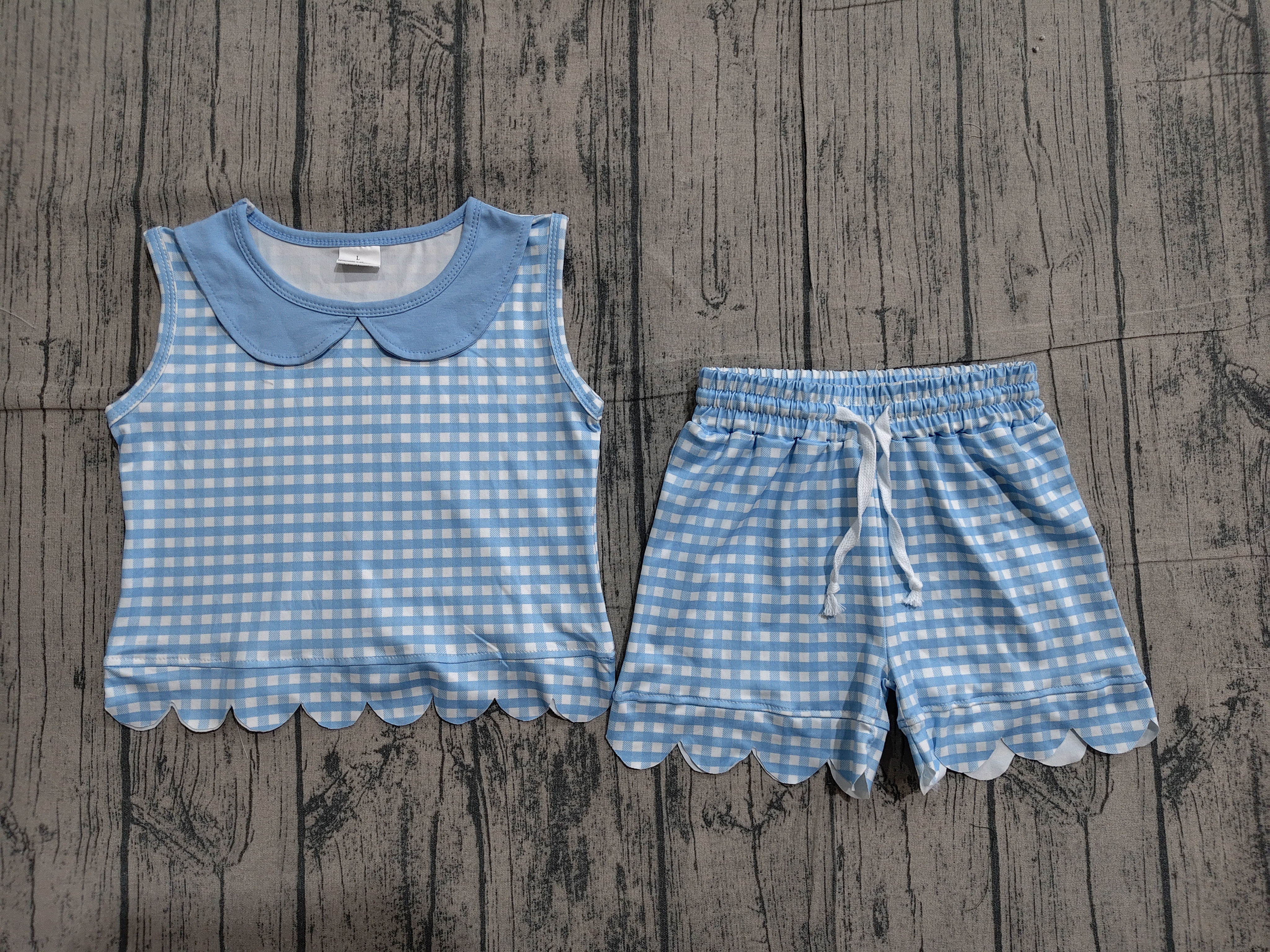 GSSO3397 pre-order kids clothes blue gingham print girl summer outfit  clothing set-real pic 2026.3.26