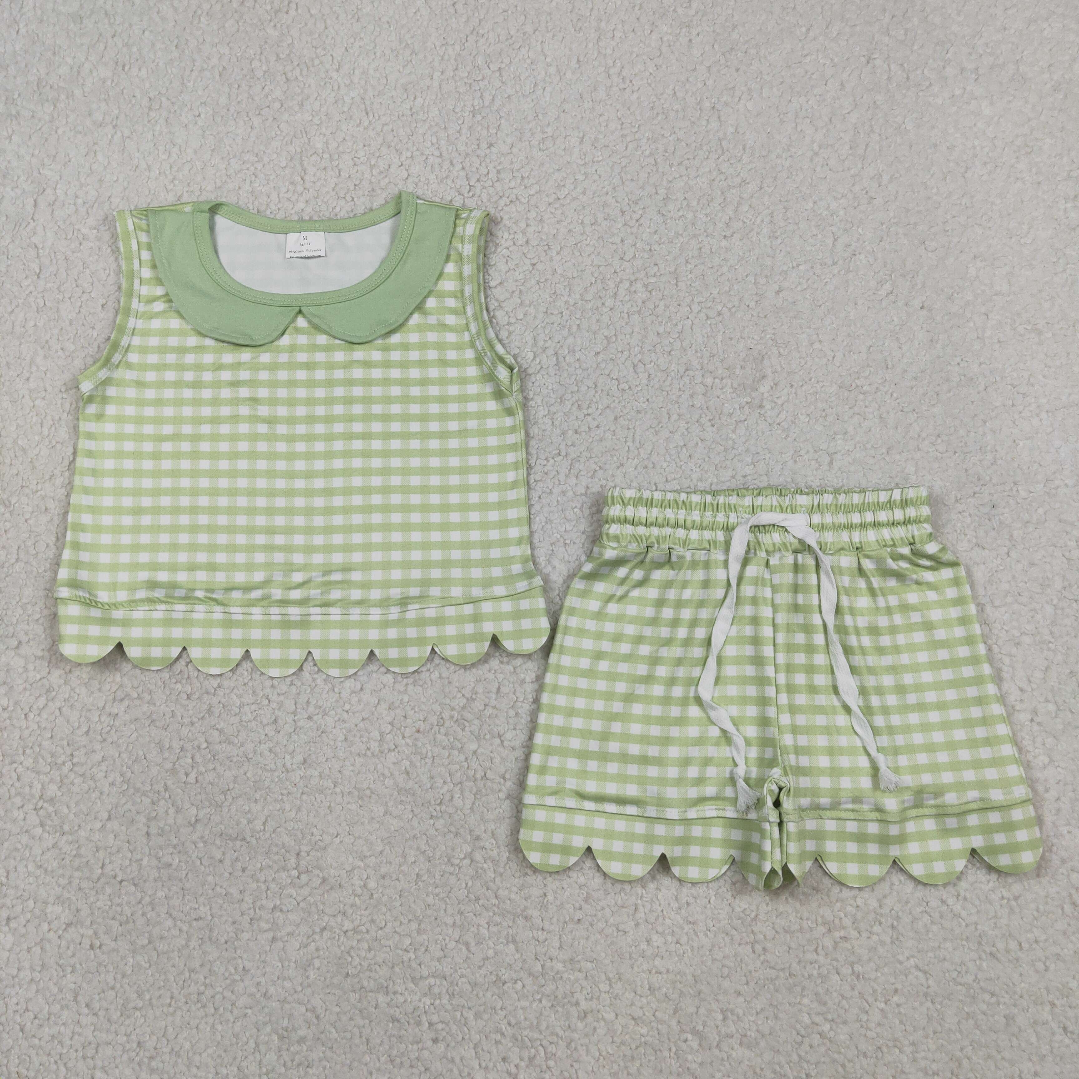 GSSO3398 RTS kids clothes green gingham print girl summer outfit  clothing set