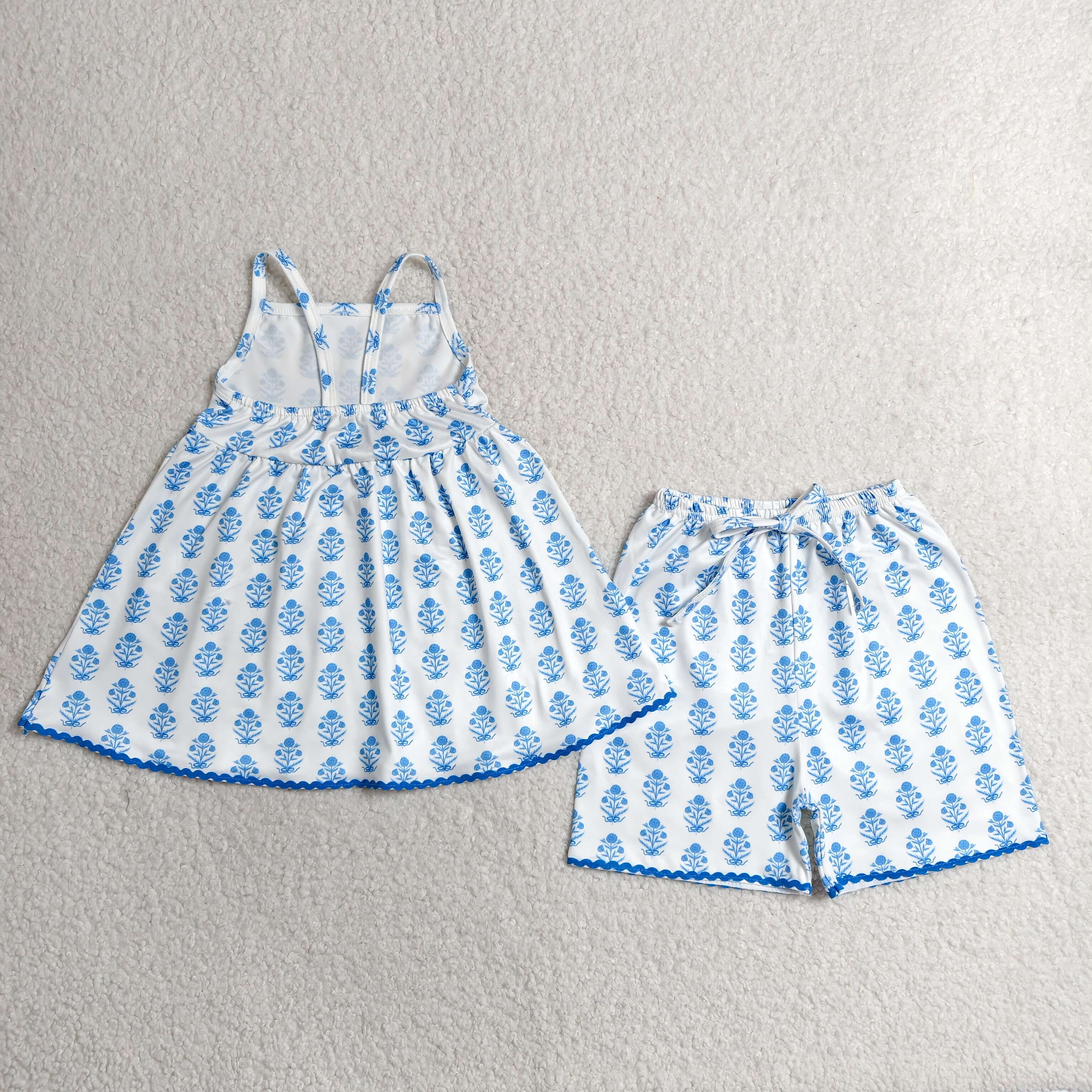 GSSO3416 RTS kids clothes blue flower girl summer outfit  clothing set summer shorts set
