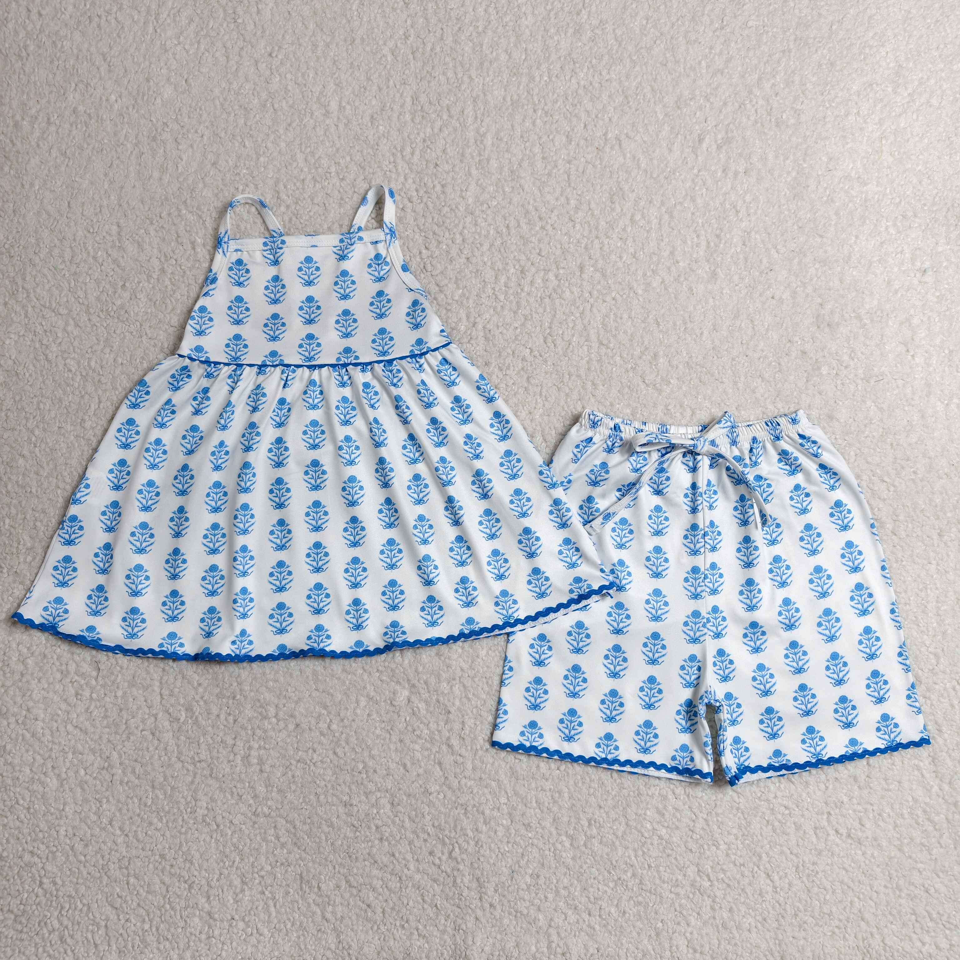 GSSO3416 RTS kids clothes blue flower girl summer outfit  clothing set summer shorts set