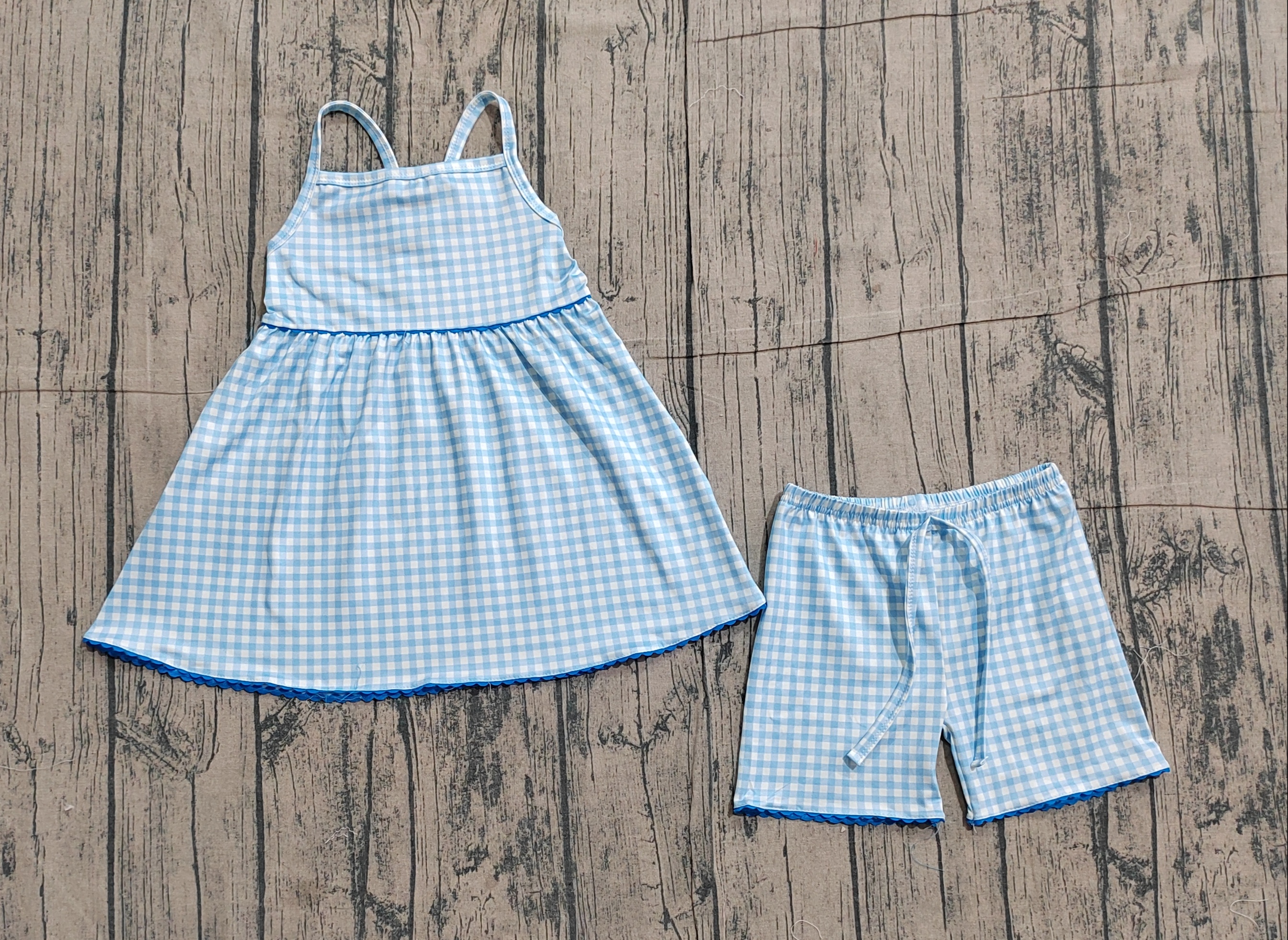 GSSO3418 pre-order kids clothes blue gingham print girl summer outfit  clothing set-real pic 2026.3.21 