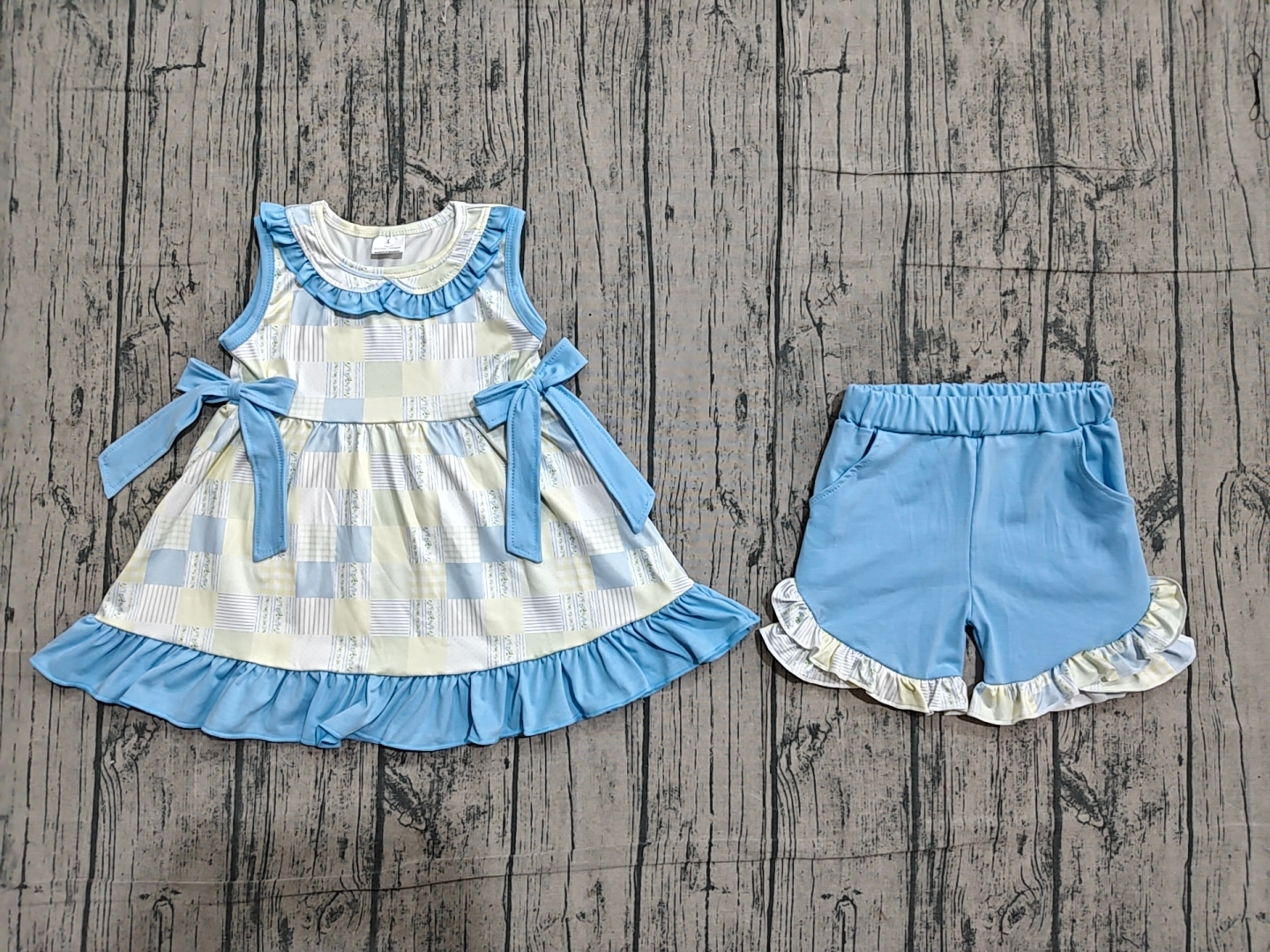 GSSO3439 pre-order kids clothes blue gingham  print girl summer outfit  clothing set-real pic 2026.4.12 