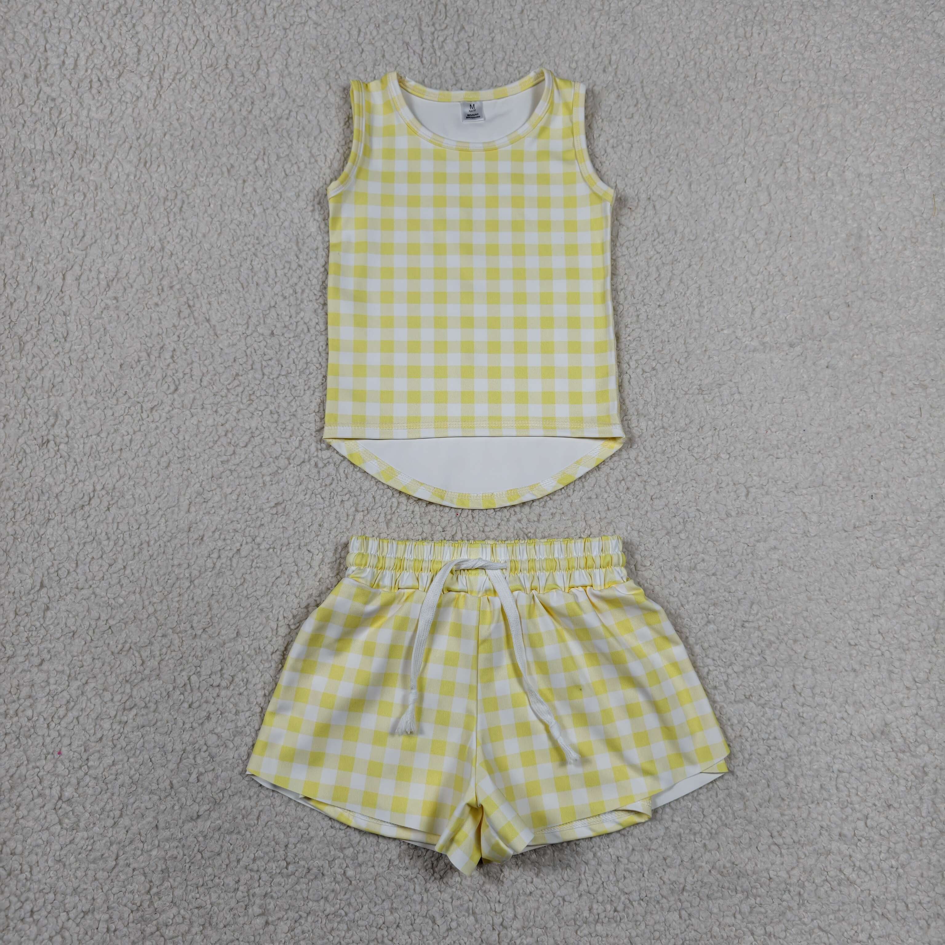 GSSO3475 RTS baby girl clothes yellow plaid  toddler girl yoga summer outfit sports clothes