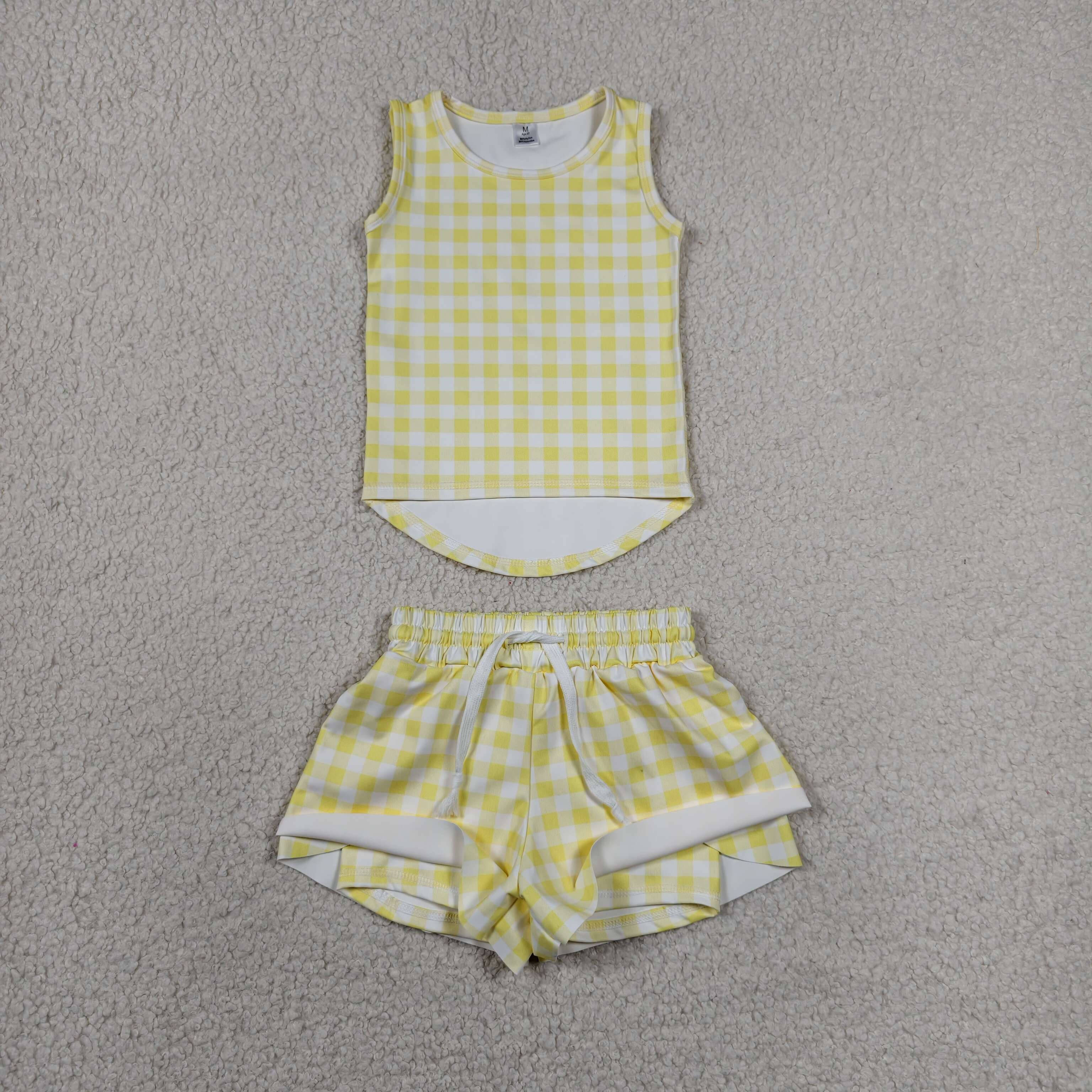 GSSO3475 RTS baby girl clothes yellow plaid  toddler girl yoga summer outfit sports clothes