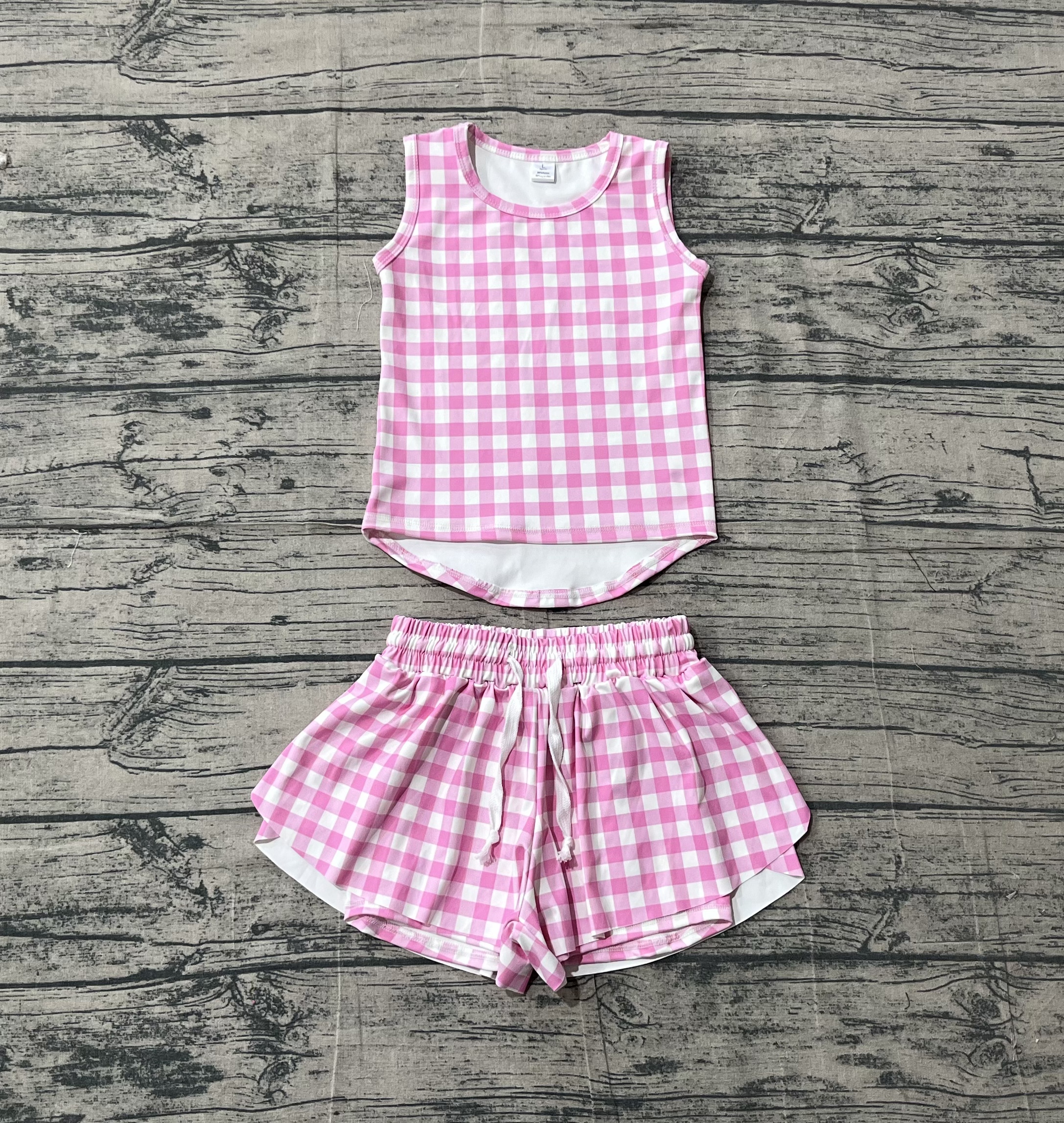 GSSO3478 pre-order baby girl clothes pink gingham print toddler girl yoga summer outfit-real pic 2026.3.12
