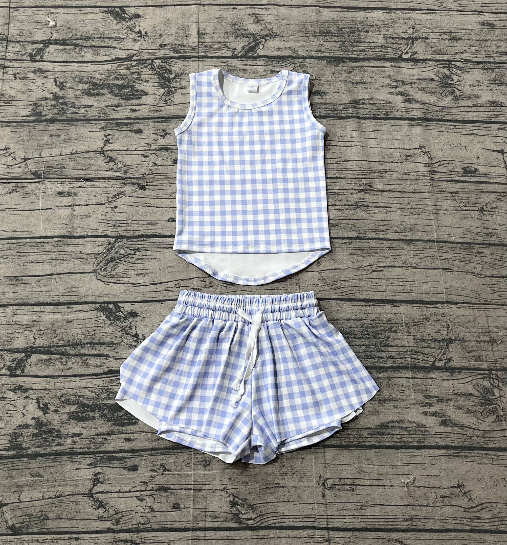 GSSO3479 pre-order baby girl clothes blue gingham print toddler girl yoga summer outfit-real pic 2026.3.12 