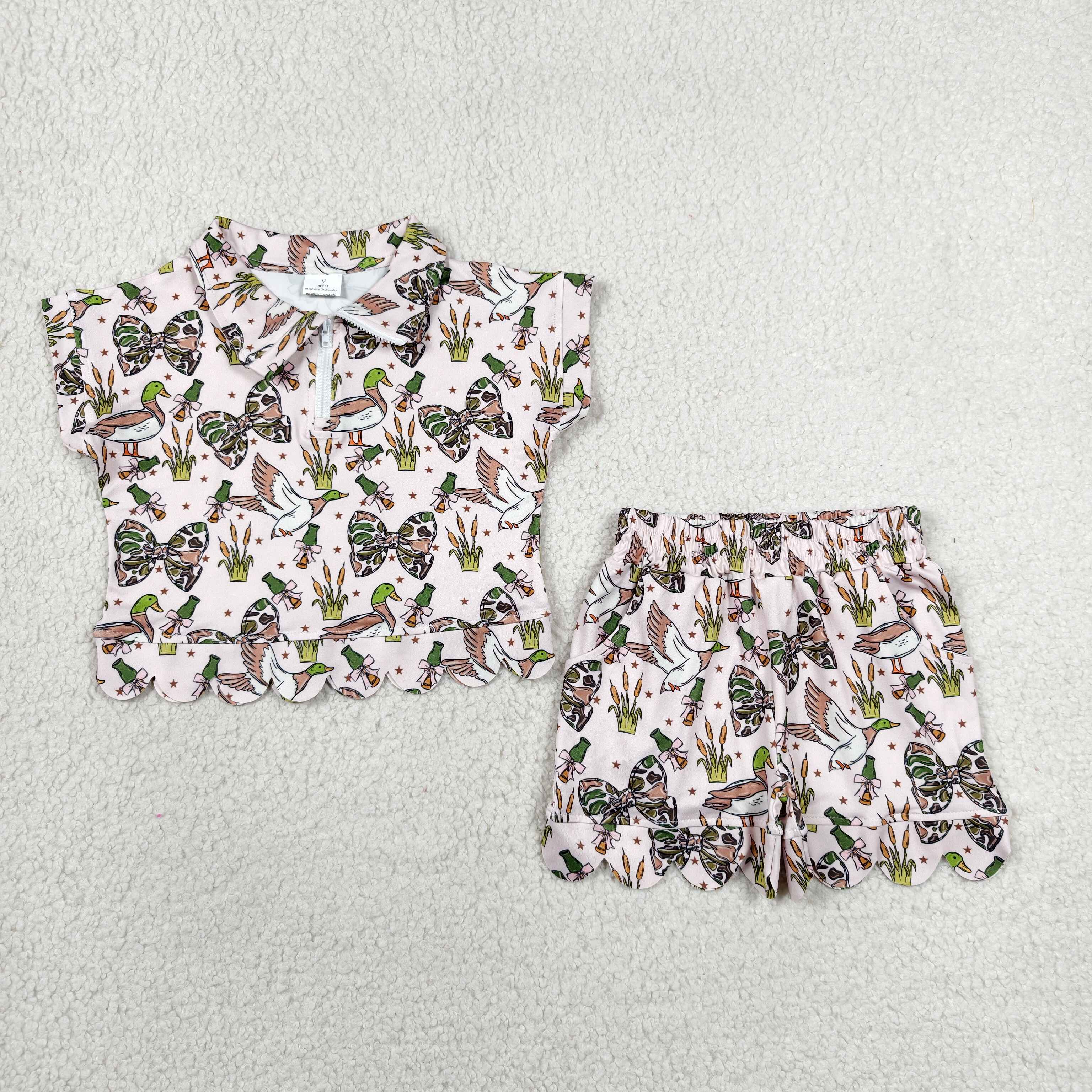 GSSO3669 RTS kids clothes mallard girl summer outfit  clothing set scalloped summer shorts set
