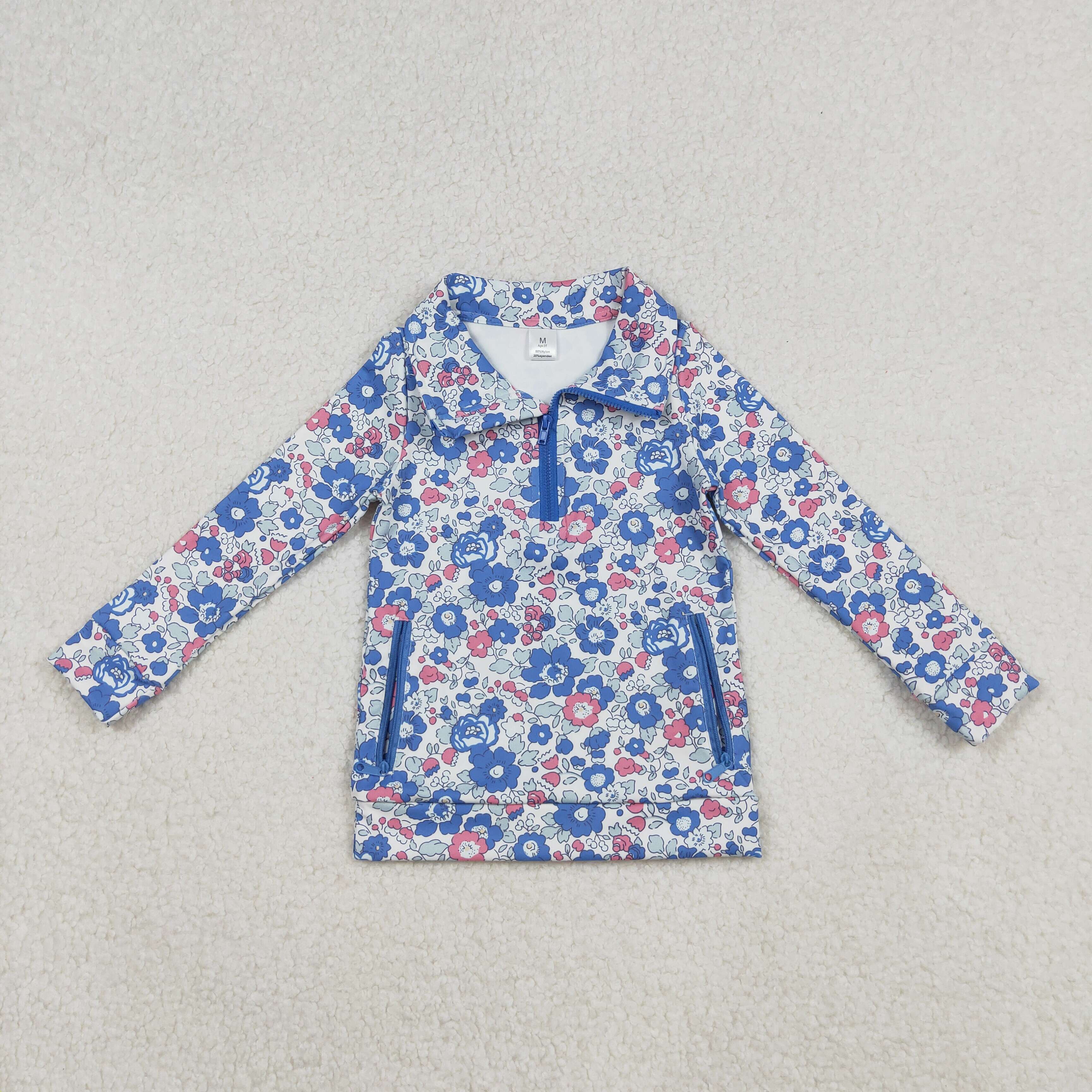 GT1192 RTS girl clothes blue floral girl winter shirt yoga top