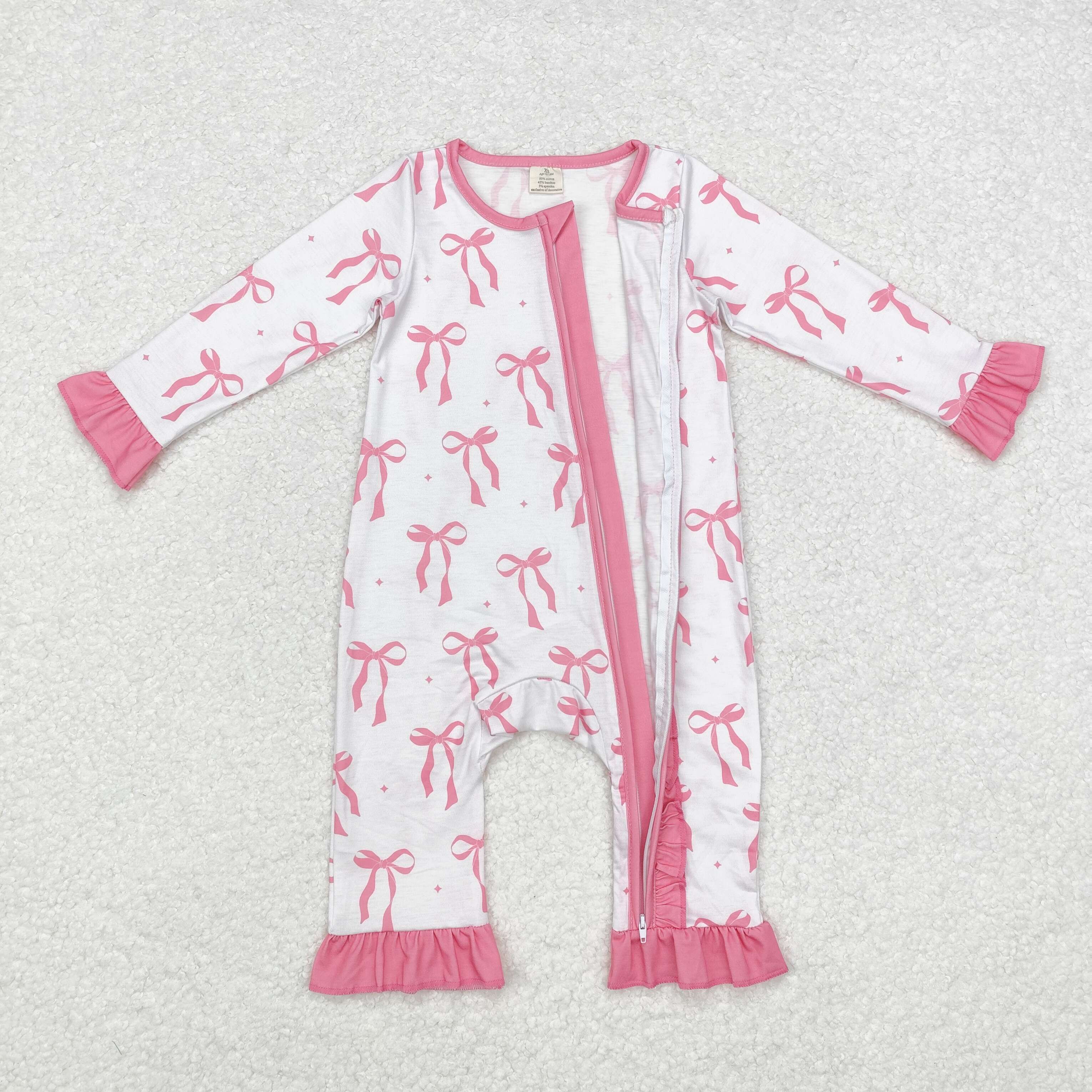 LR1584 RTS baby girl clothes pink bows girl winter romper -BAMBOO