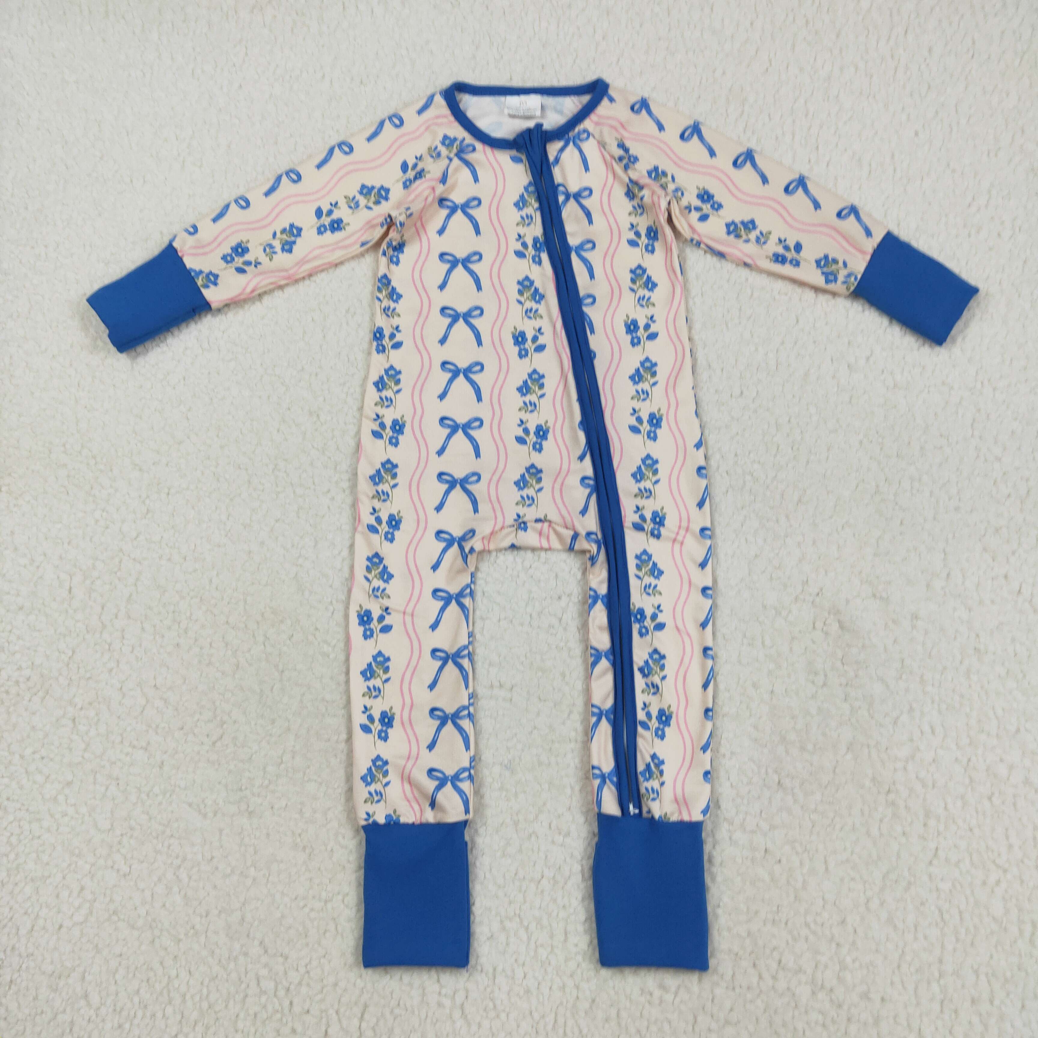 LR2327 RTS baby girl clothes blue floral  toddler girl winter romper 
