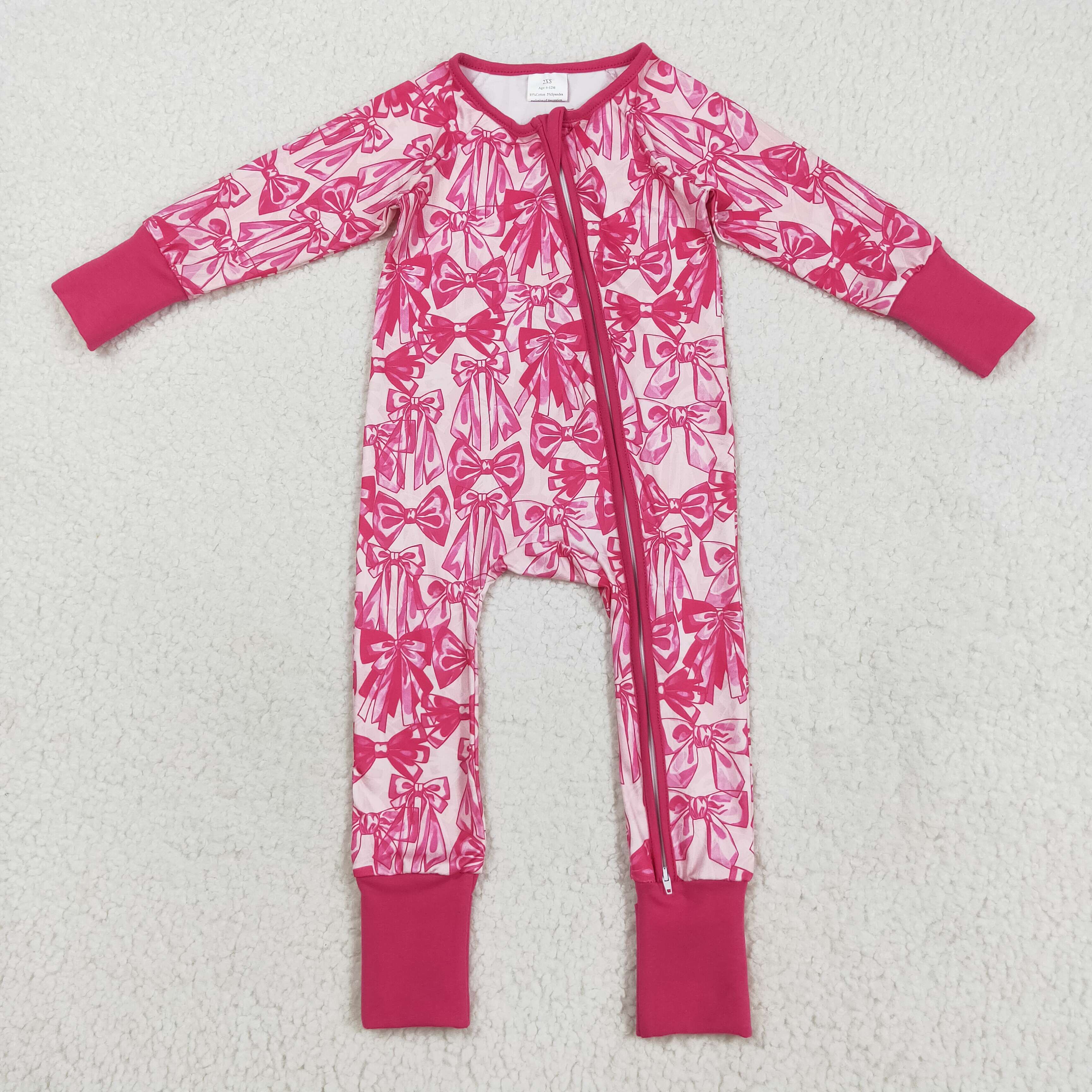 LR2365 RTS baby girl clothes hot pink bows girl winter  romper zip romper