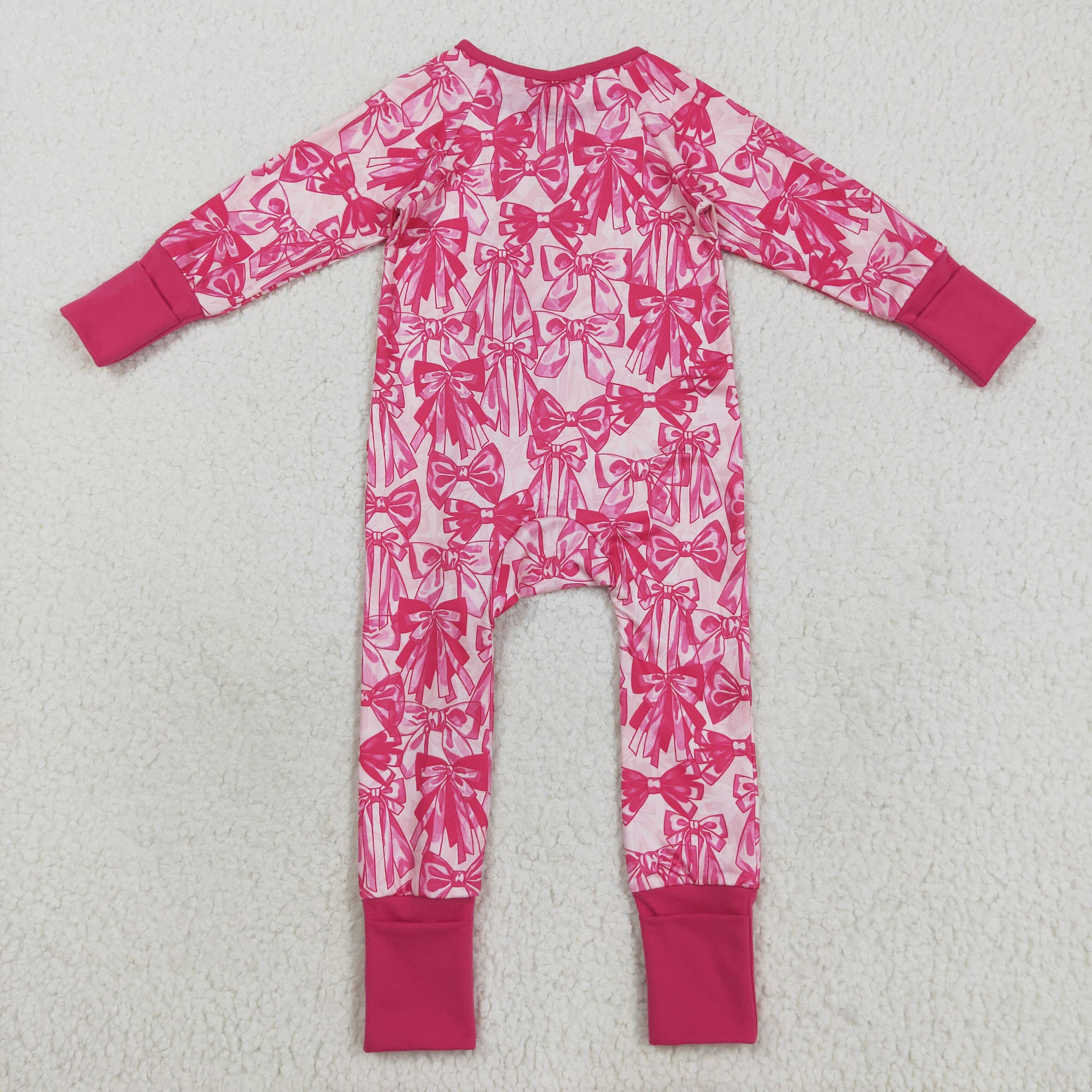 LR2365 RTS baby girl clothes hot pink bows girl winter  romper zip romper