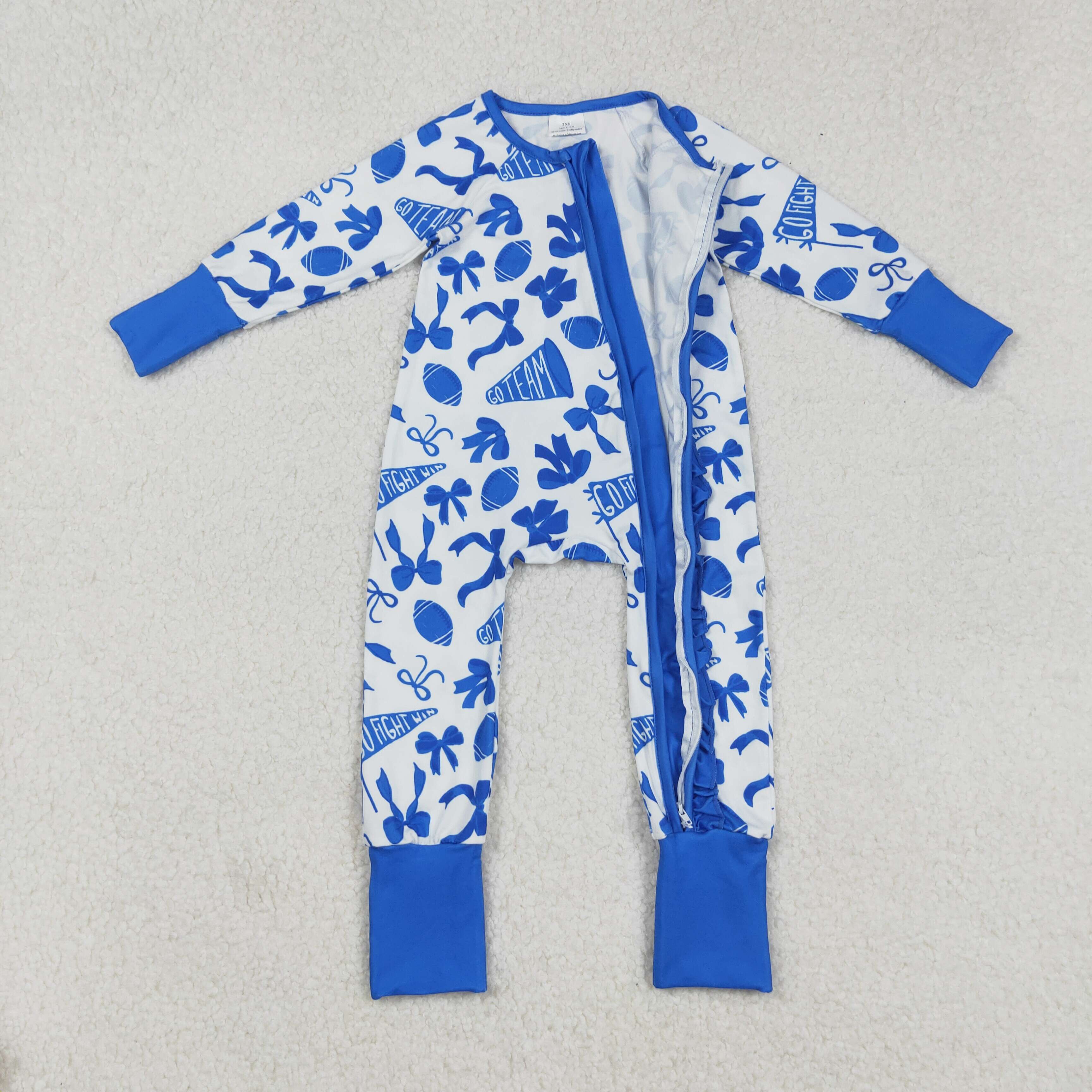 LR2511 RTS baby girl clothes go team blue girl winter zip romper 