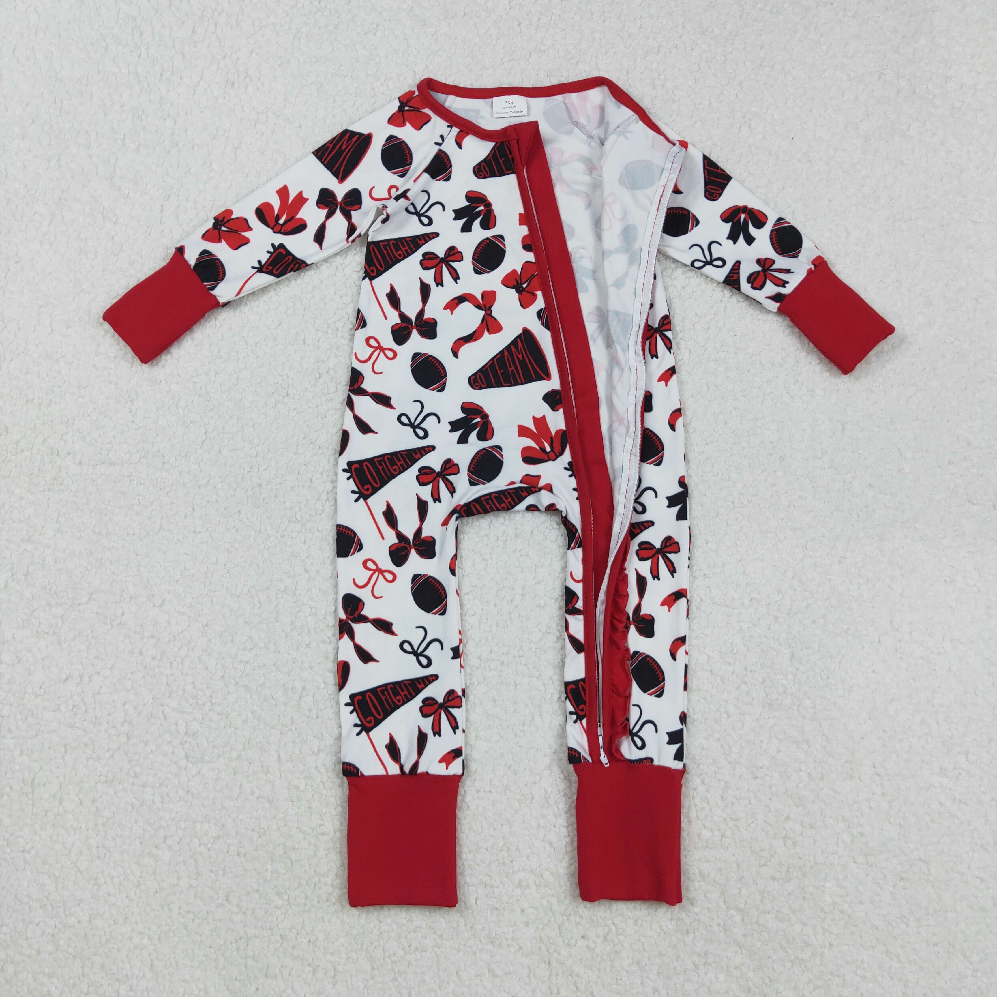 LR2512 RTS girl clothes red bow state go team girl winter romper zip romper