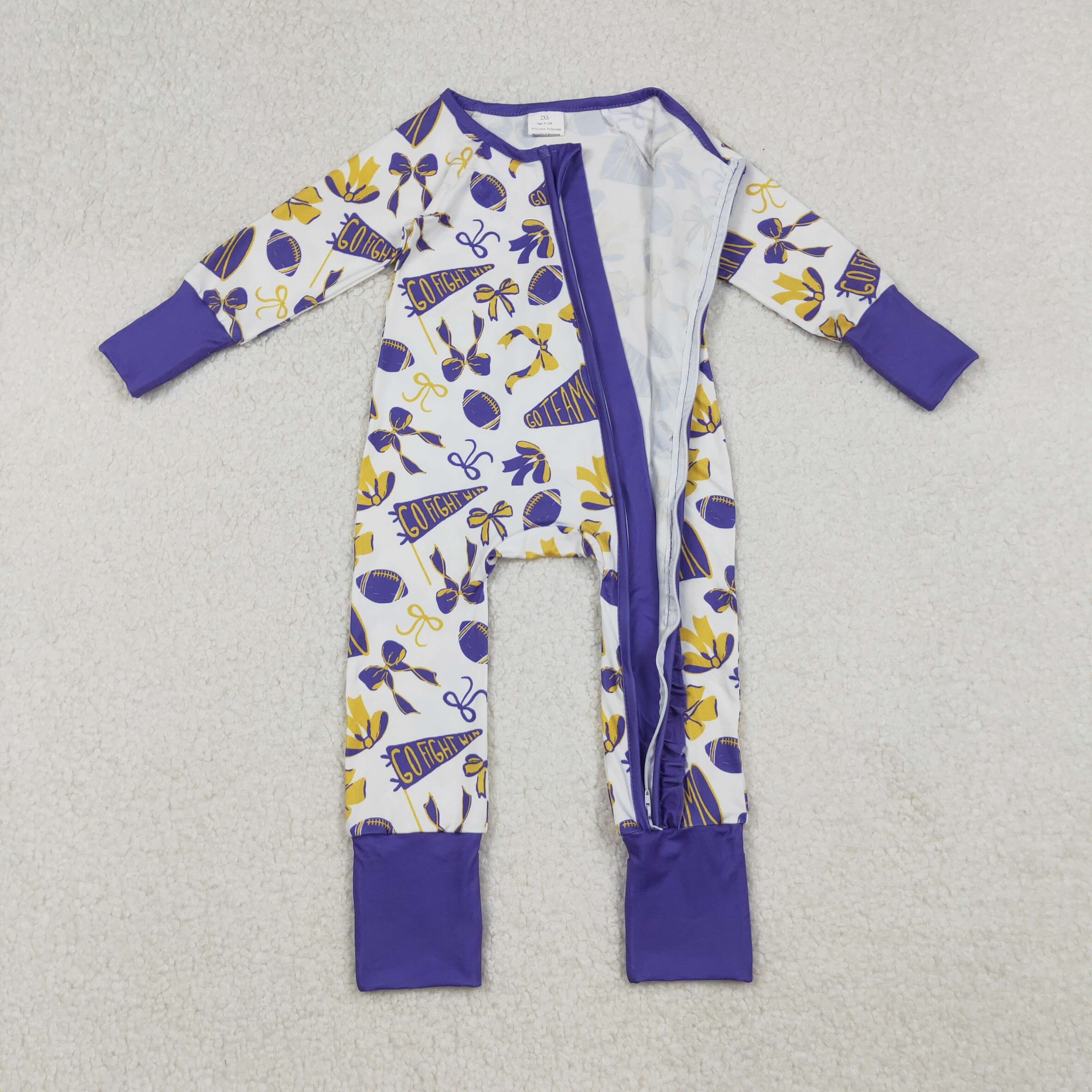 LR2513 RTS baby girl clothes purple go team girl winter romper zip romper