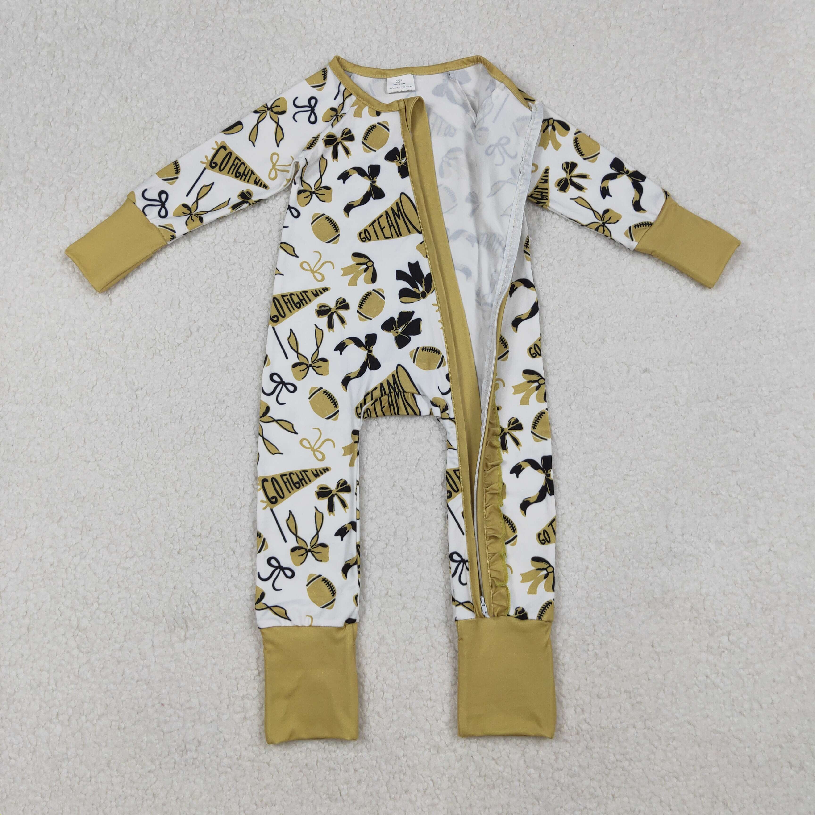 LR2515 RTS baby girl clothes yellow go team girl winter romper zip romper