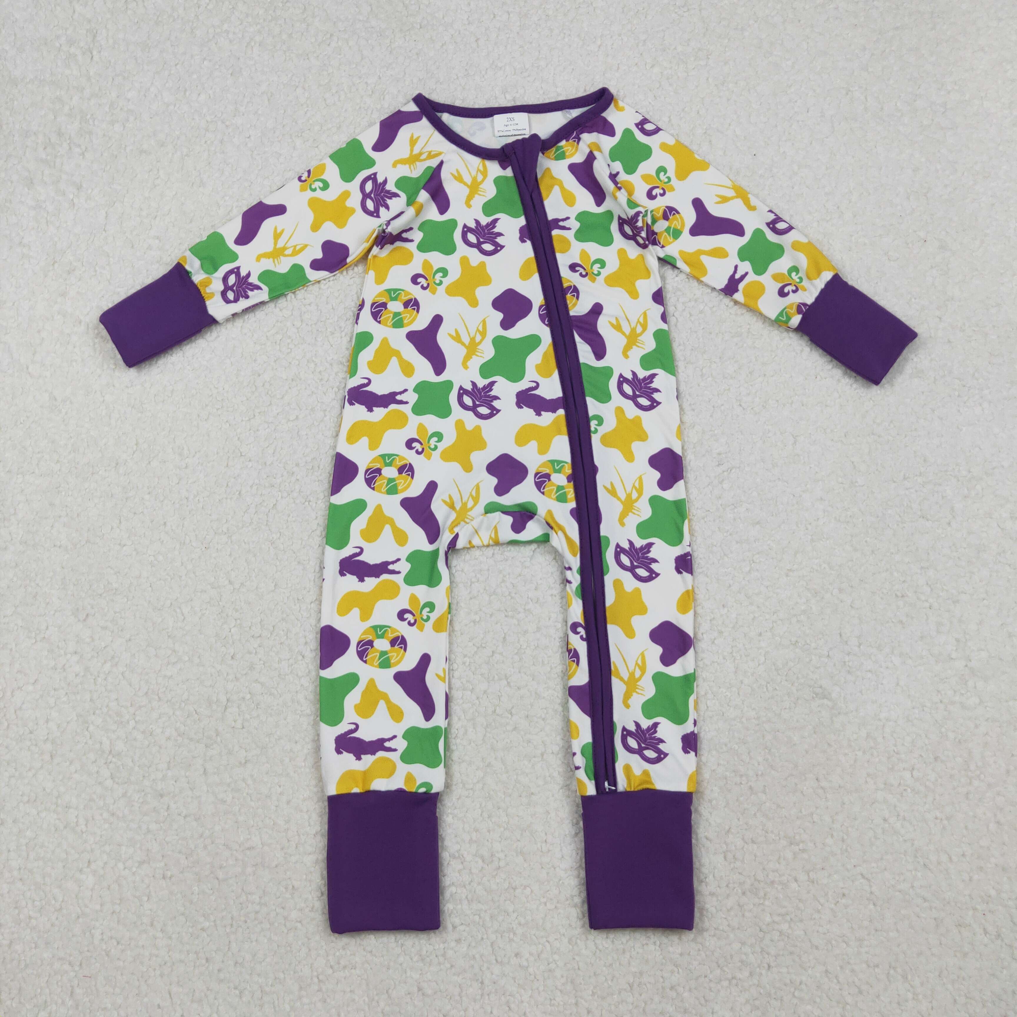 LR2637 RTS  baby girl clothes mardi gras girl winter romper zip romper