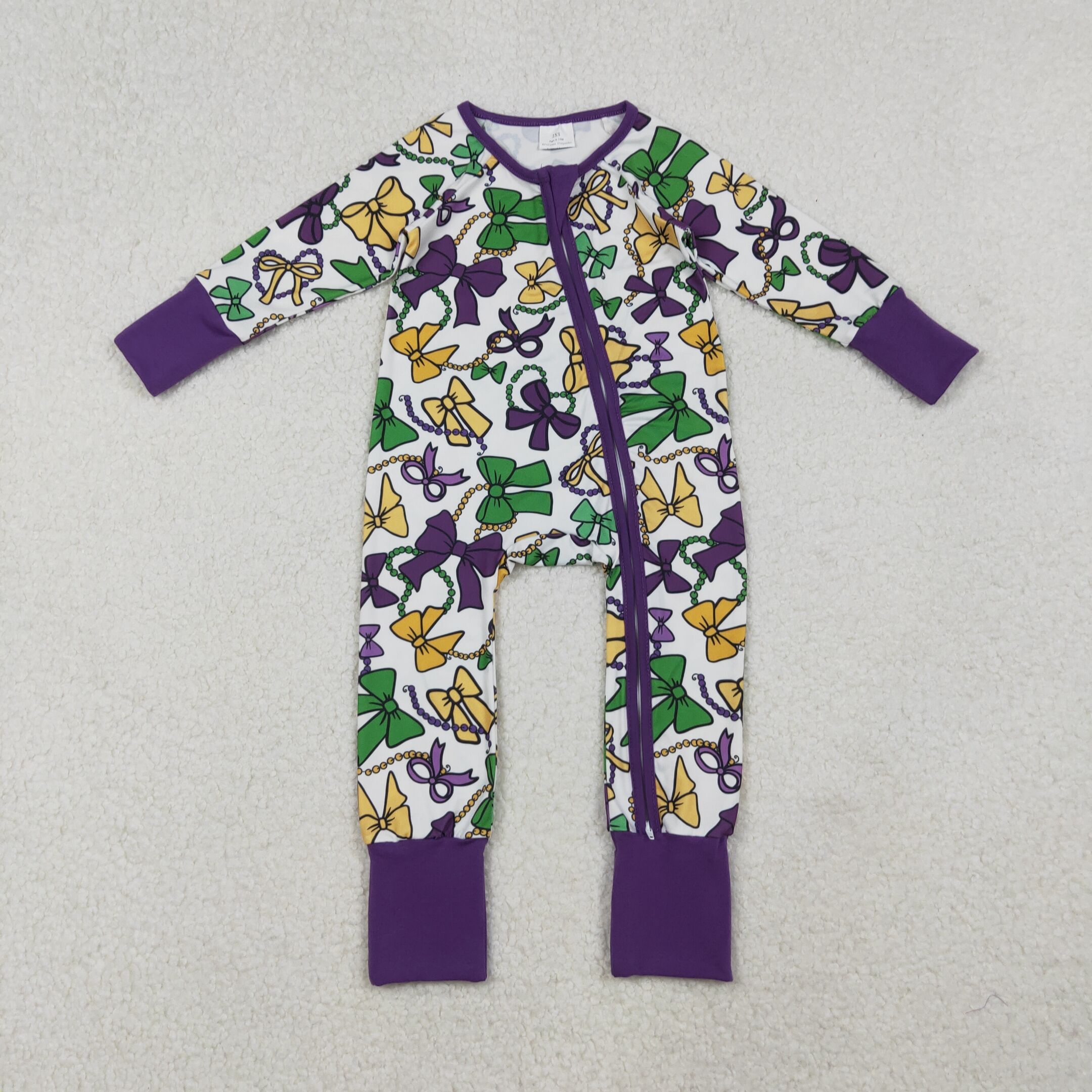LR2678 RTS baby girl clothes Mardi Gras winter zip romper 