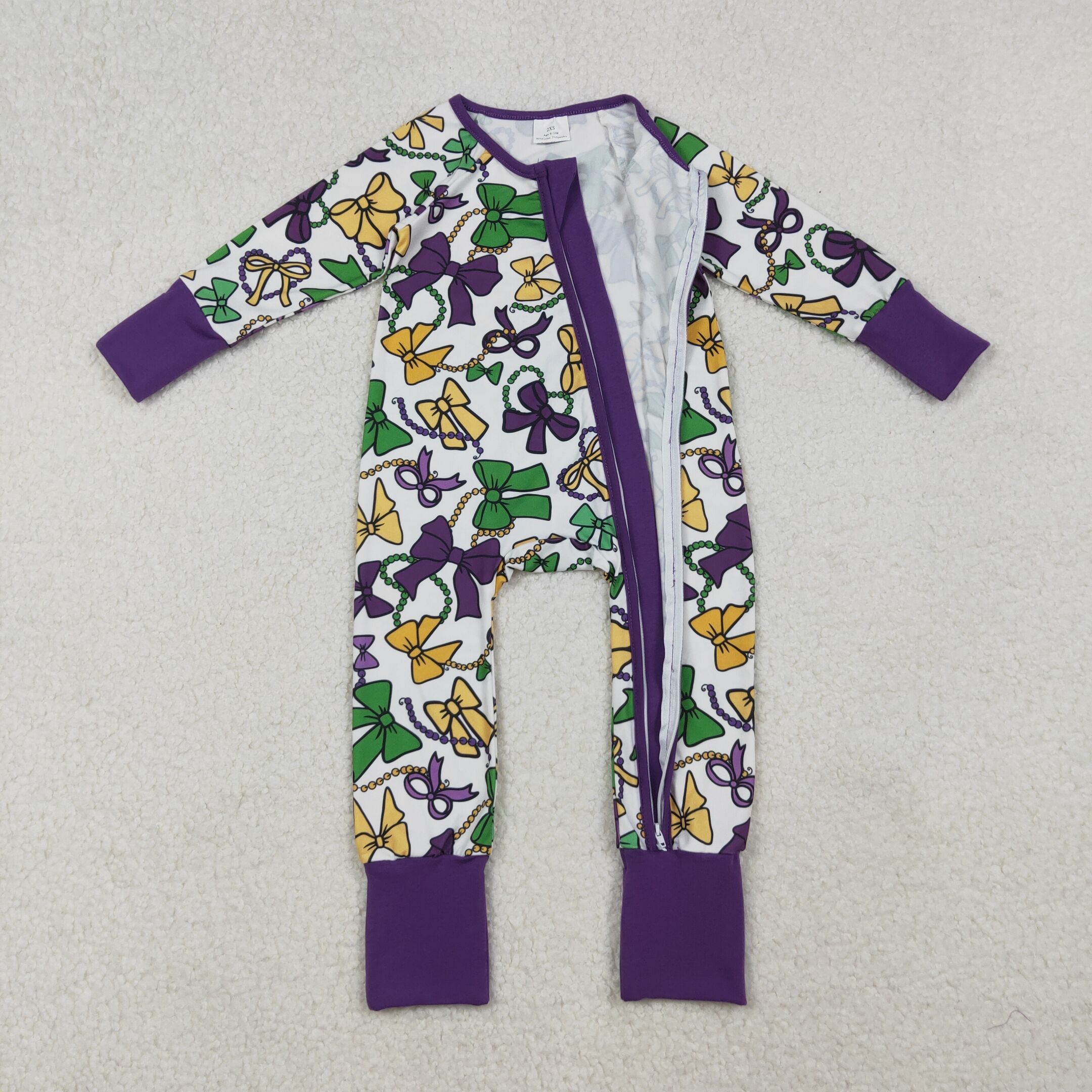 LR2678 RTS baby girl clothes Mardi Gras winter zip romper 